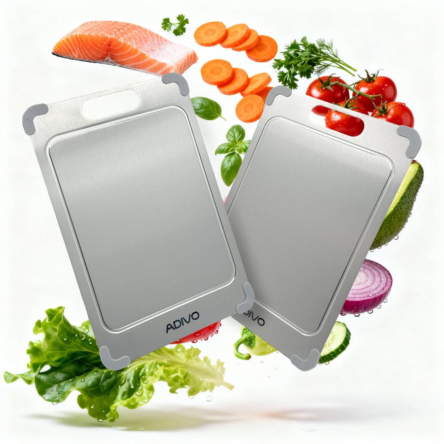 Adivo - Titanium Cutting Board, Double-Sided 100% Pure Titanium, Non-Porous Easy Clean with Juice Groove & Non-Slip Corners