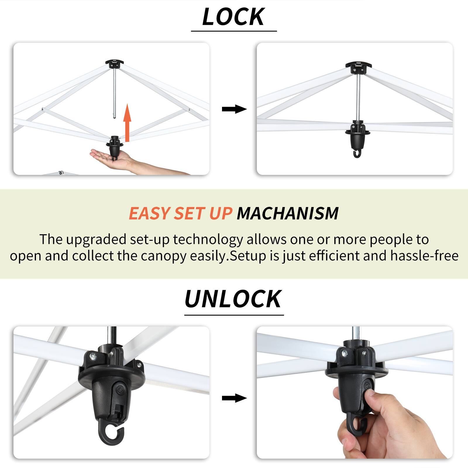 LOCK

EASY SET UP MACHANISM

The upgraded set-up technology allows one or more people to open and collect the canopy easily. Setup is just efficient and hassle-free

UNLOCK