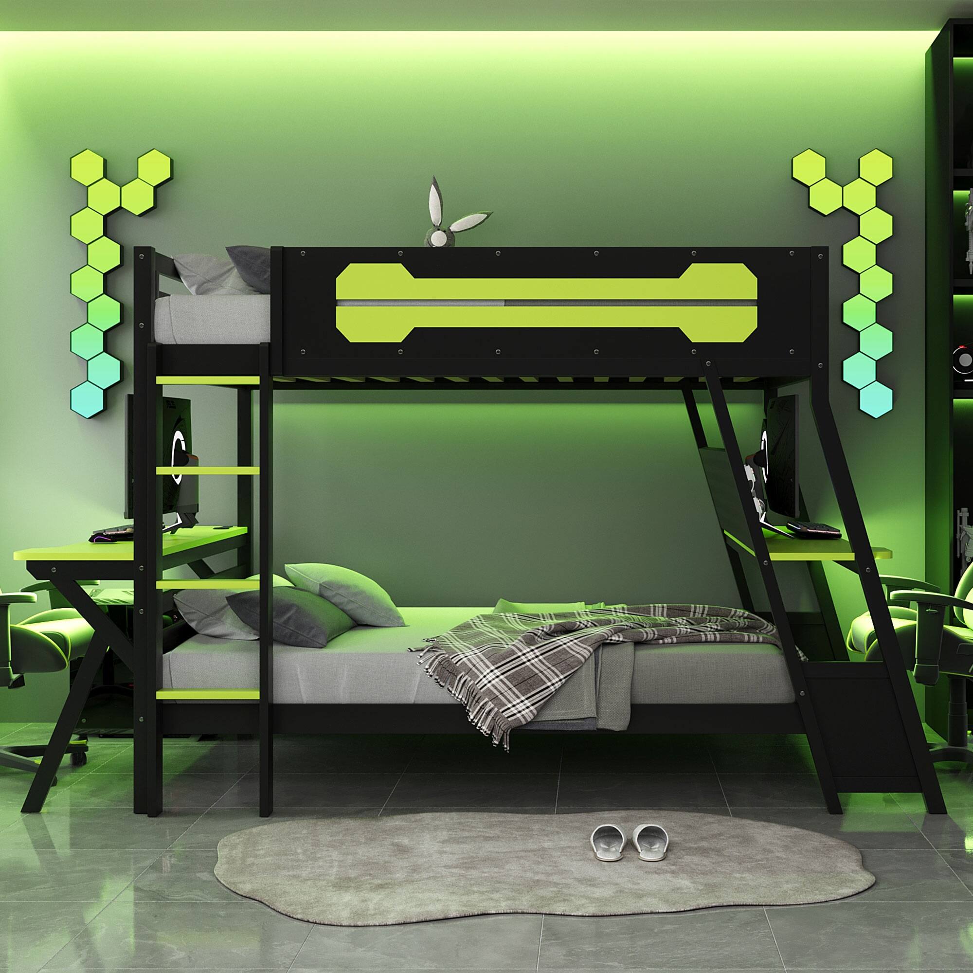 Left. Anysun - Full Size Bunk Bed with Two Built-In Gaming Desks, USB Desktop Ports & Pegboard Organizer, Gaming Bunk Frame for Gamer - Green.