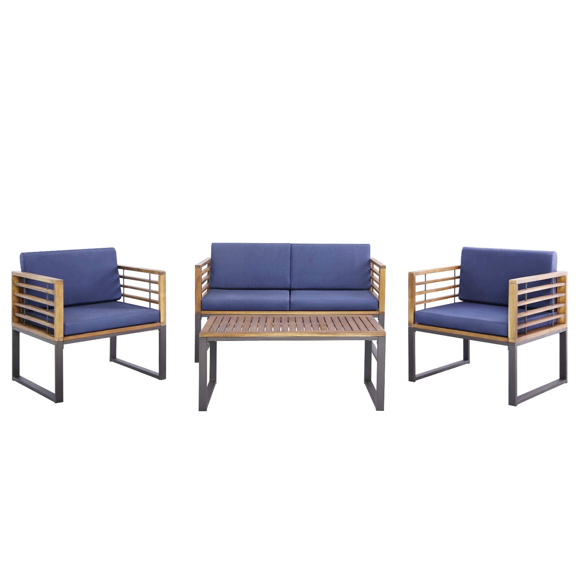 Costway - 4pcs Patio Acacia Wood Chair Table Loveseat Cushioned Furniture Set Outdoor - Black, Natural, Navy Blue price history on PriceWatchPro