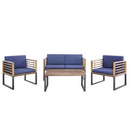 Costway - 4pcs Patio Acacia Wood Chair Table Loveseat Cushioned Furniture Set Outdoor - Black, Natural, Navy Blue