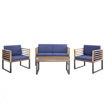 Front. Costway - Costway 4pcs Patio Acacia Wood Chair Table Loveseat Cushioned Furniture Set Outdoor - Black, Natural, Navy Blue.