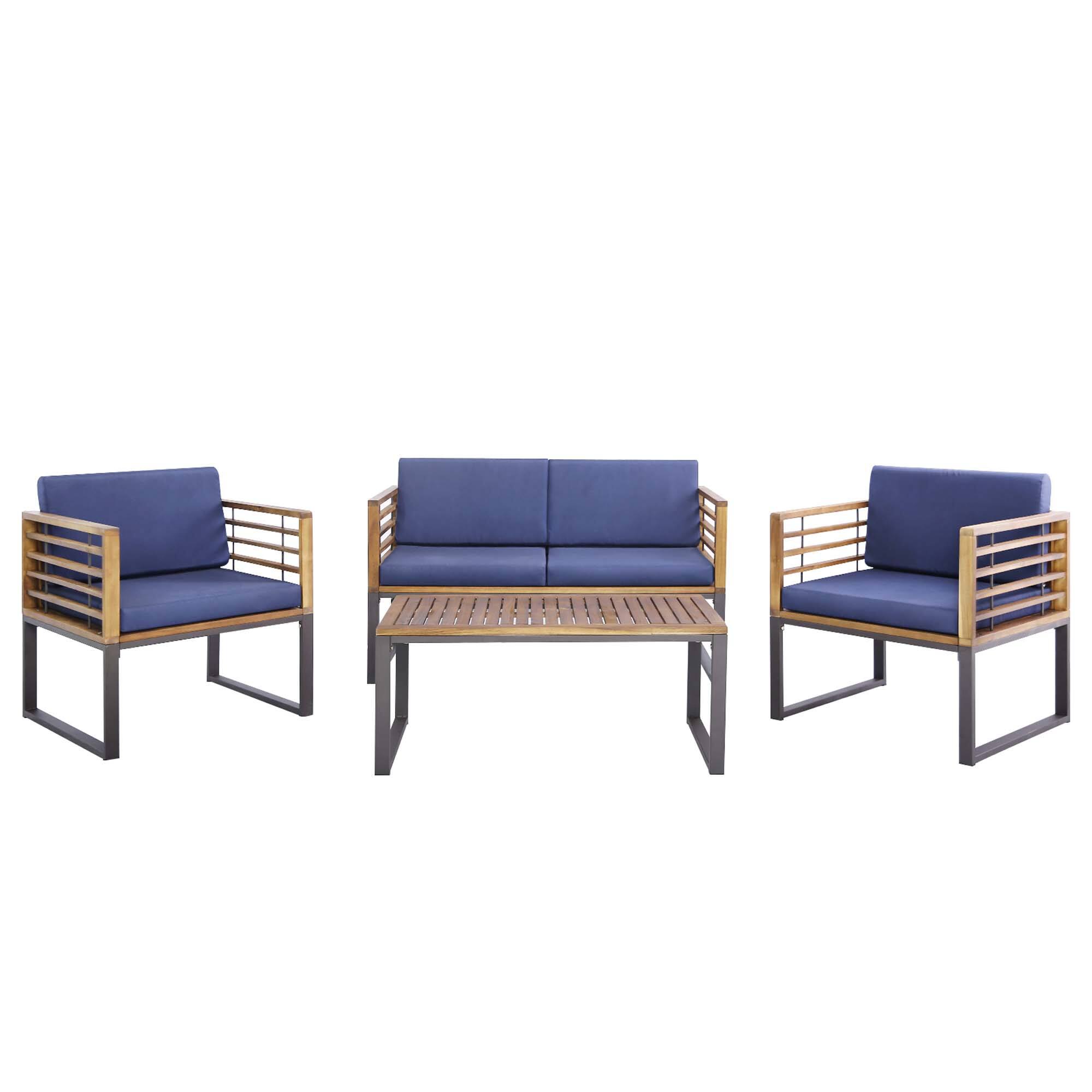 Front. Costway - Costway 4pcs Patio Acacia Wood Chair Table Loveseat Cushioned Furniture Set Outdoor - Black, Natural, Navy Blue.