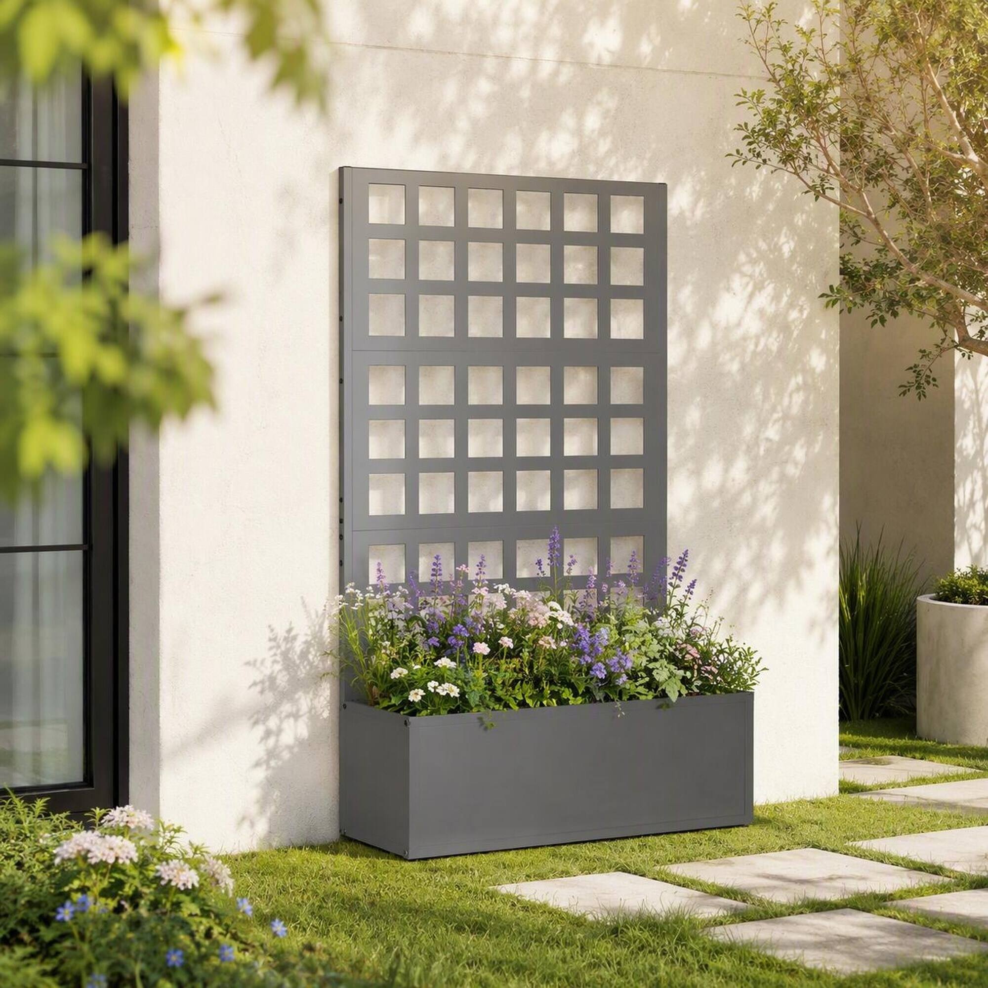 Angle. RYHNUYNE - Galvanized Steel Raised Garden Bed with Trellis for Climbing Plants, Gray Planter Box 24x9x44.5 Inches Outdoor - Gray.