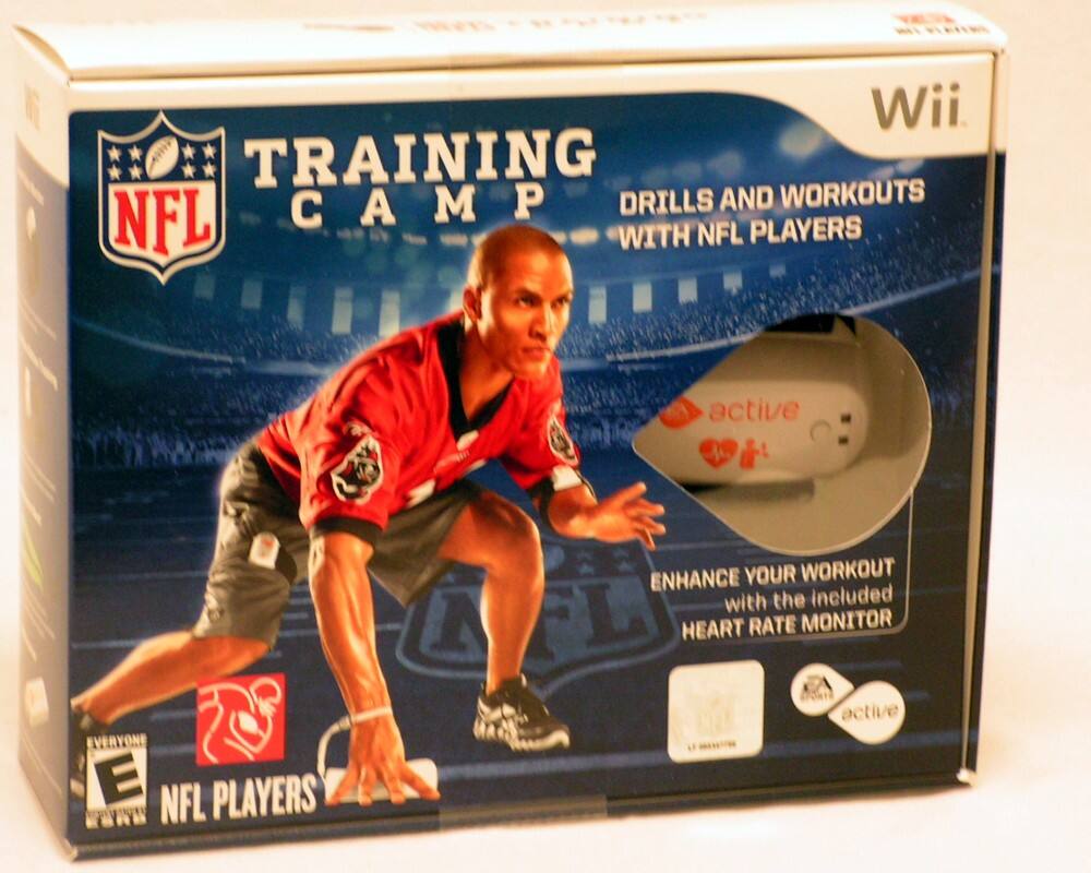 Sure, here is the corrected and grouped text from the image:

---

**Wii**

**TRAINING CAMP**

**DRILLS AND WORKOUTS WITH NFL PLAYERS**

**ENHANCE YOUR WORKOUT with the included HEART RATE MONITOR**

**EVERYONE**

**NFL PLAYERS**

**active**

**E**

**active**

---

This text is taken directly from the image and grouped accordingly.