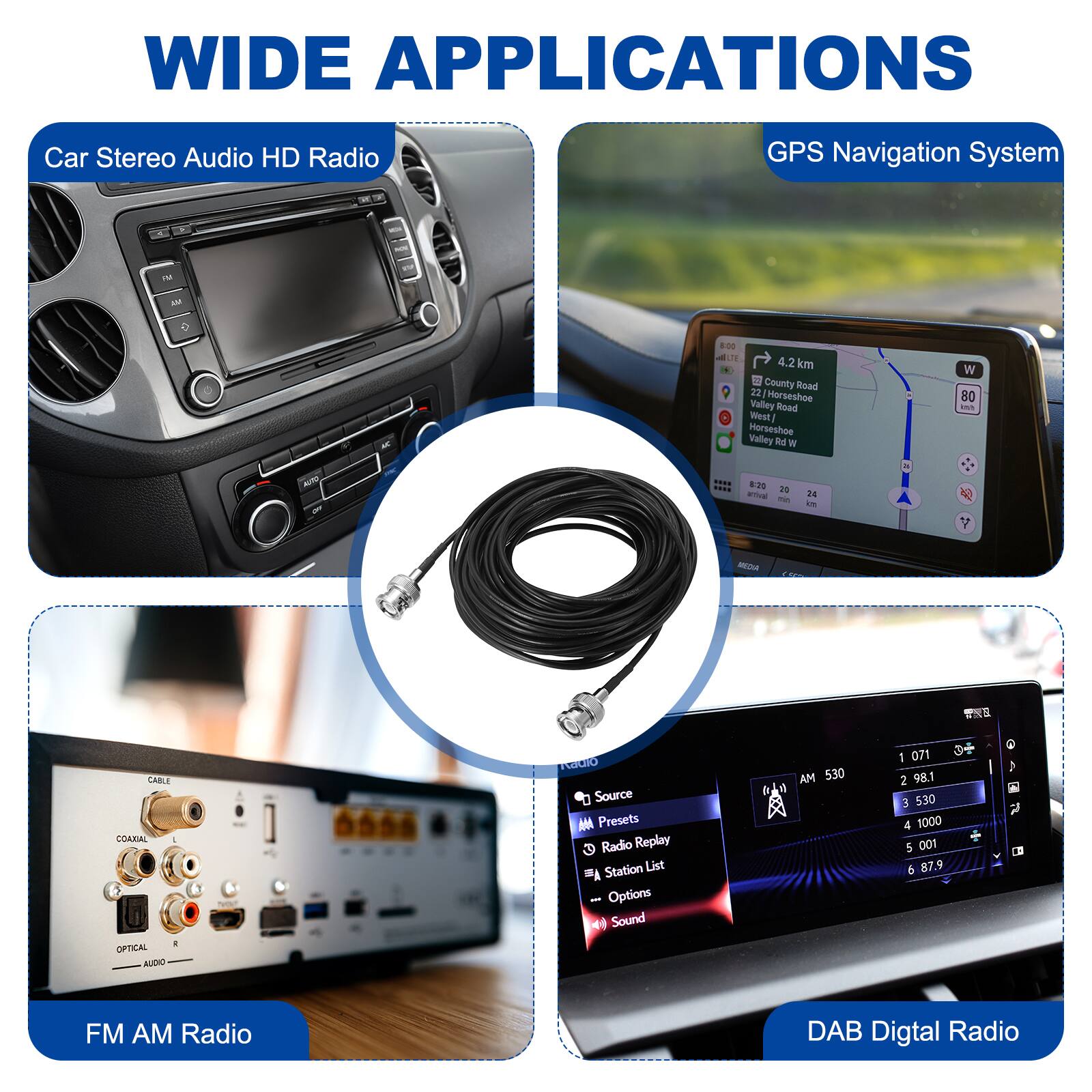 WIDE APPLICATIONS

Car Stereo Audio HD Radio

GPS Navigation System

FM AM Radio

DAB Digital Radio

- Source Presets
- Radio Replay
- Station List
- Options
- Sound

AM 530
1 071
2 98.1
3 530
4 1000
5 001
6 87.9