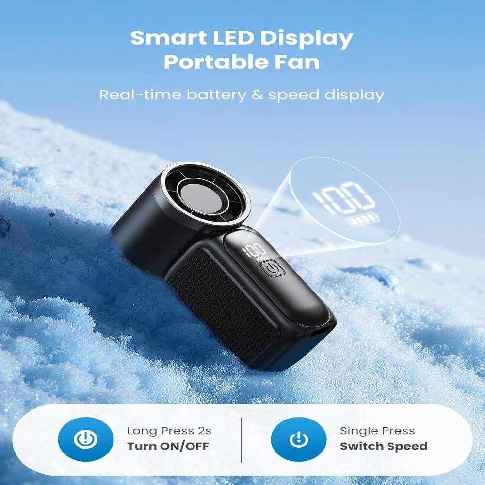 Smart LED Display Portable Fan  
Real-time battery & speed display  

Long Press 2s Turn ON/OFF  
Single Press Switch Speed