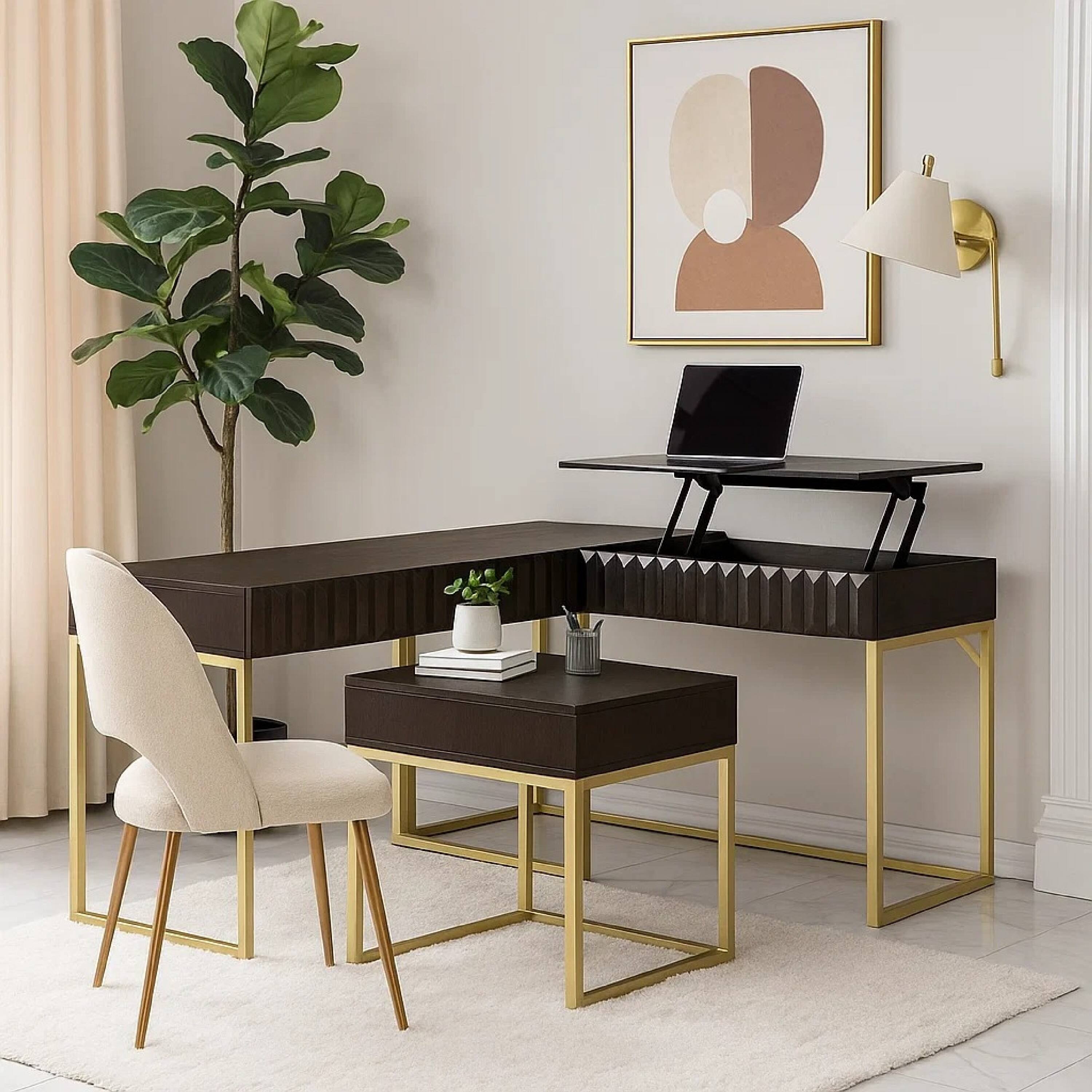 Alt View 2. Manhattan Lane - Fredie Corner Desk with Lift-Top USB Port, Gold Frame, Walnut Brown - Walnut Brown, Gold.