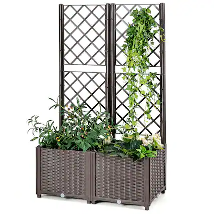 Front. Gymax - Gymax Raised Garden Bed w/Trellis Planter Box for Climbing Plants 32'' x 16'' x 53'' - Brown.