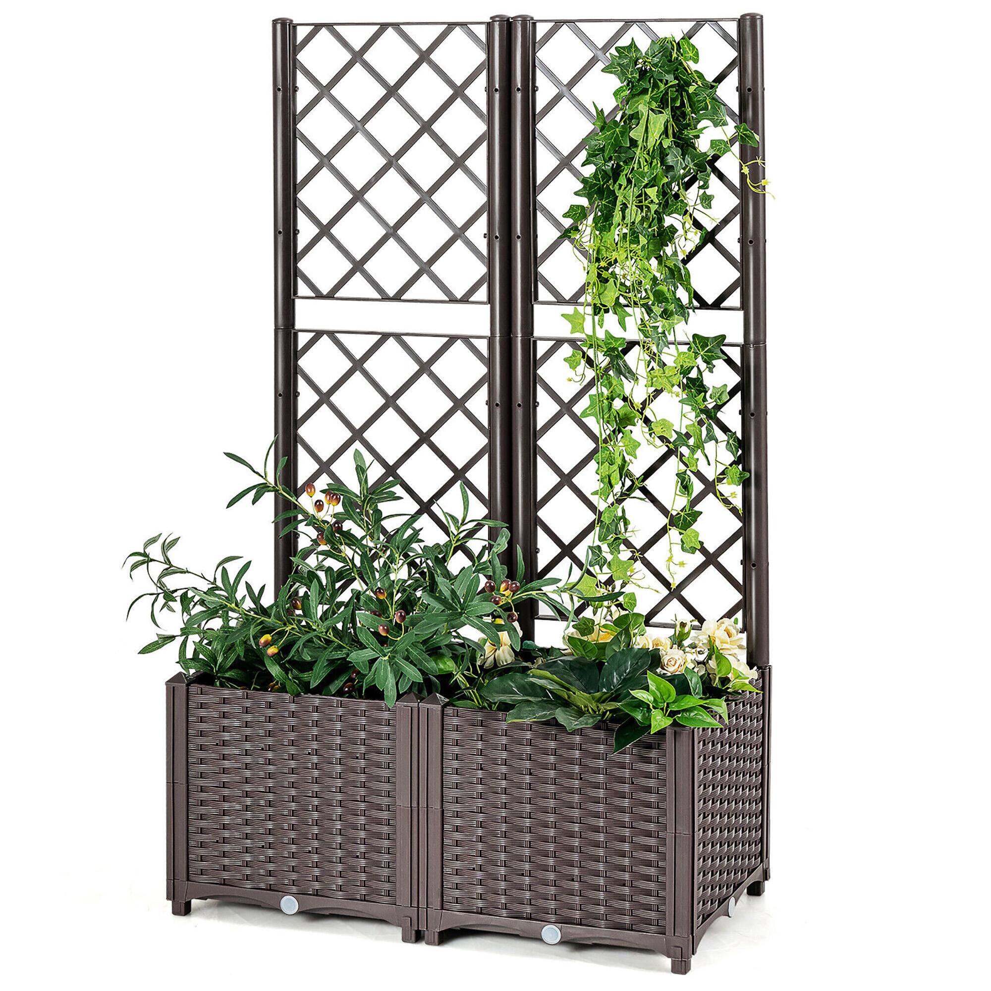 Front. Gymax - Gymax Raised Garden Bed w/Trellis Planter Box for Climbing Plants 32'' x 16'' x 53'' - Brown.