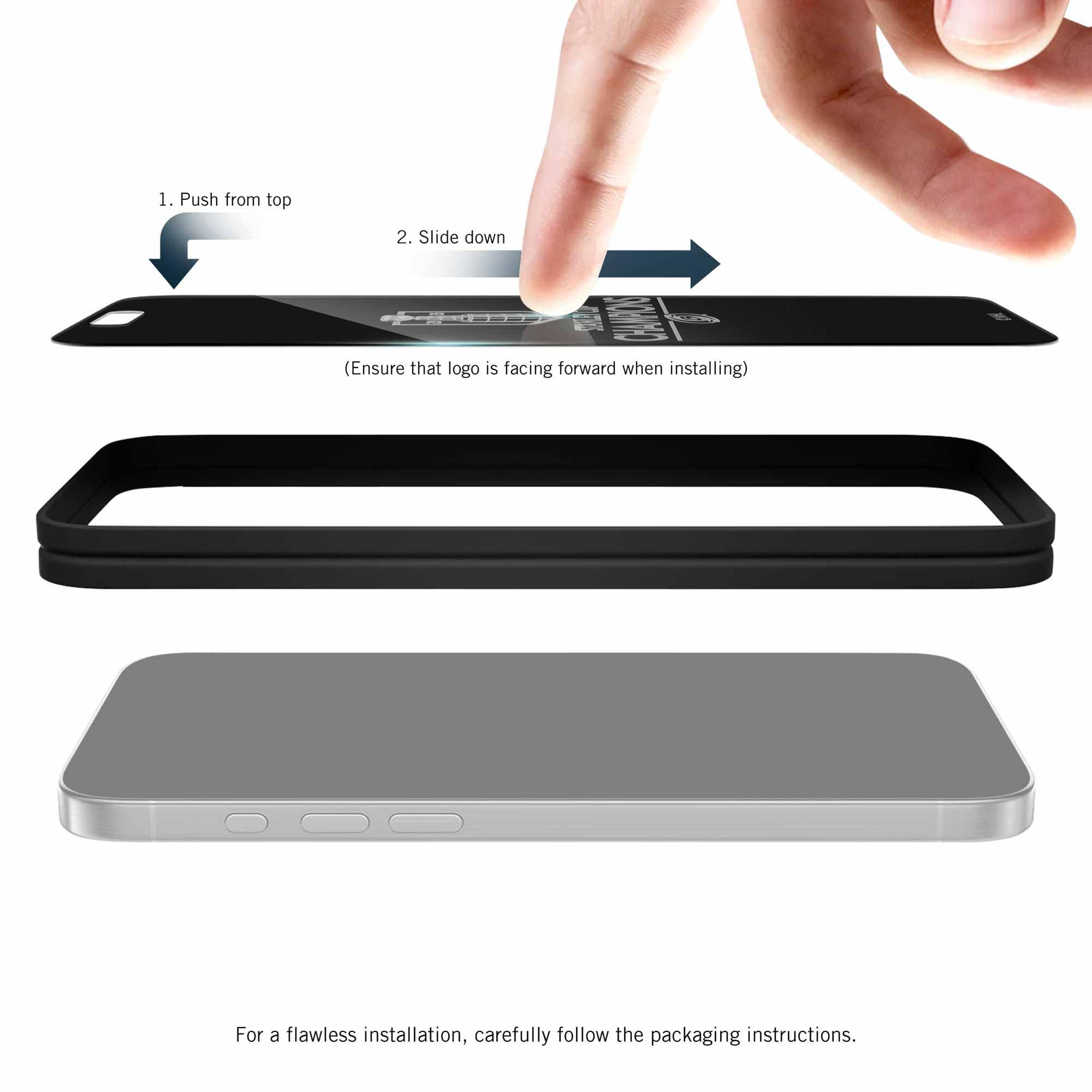 1. Push from top
2. Slide down CANROS (Ensure that logo is facing forward when installing)

For a flawless installation, carefully follow the packaging instructions.