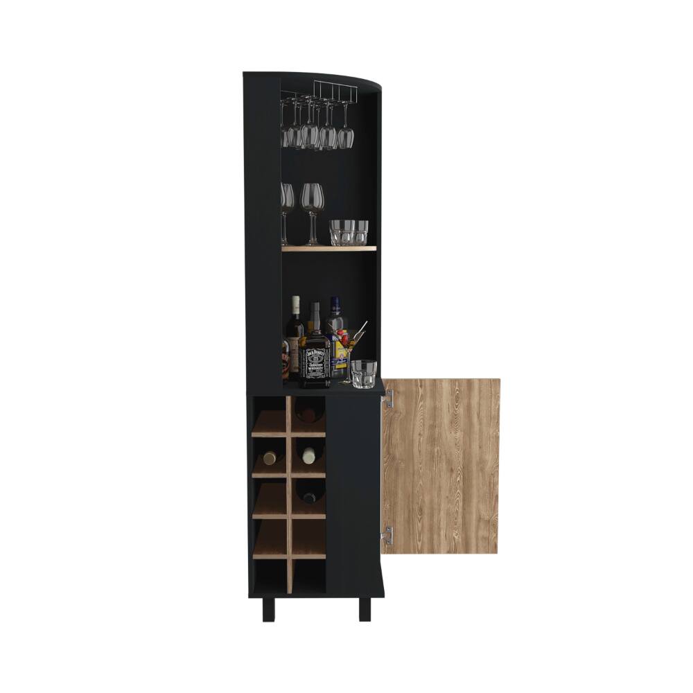 Back. TinyHomie - Kaia Corner Bar Cabinet Two Shelves Ten Built-in Wine Rack Single Door Cabinet Two interior Shelves.