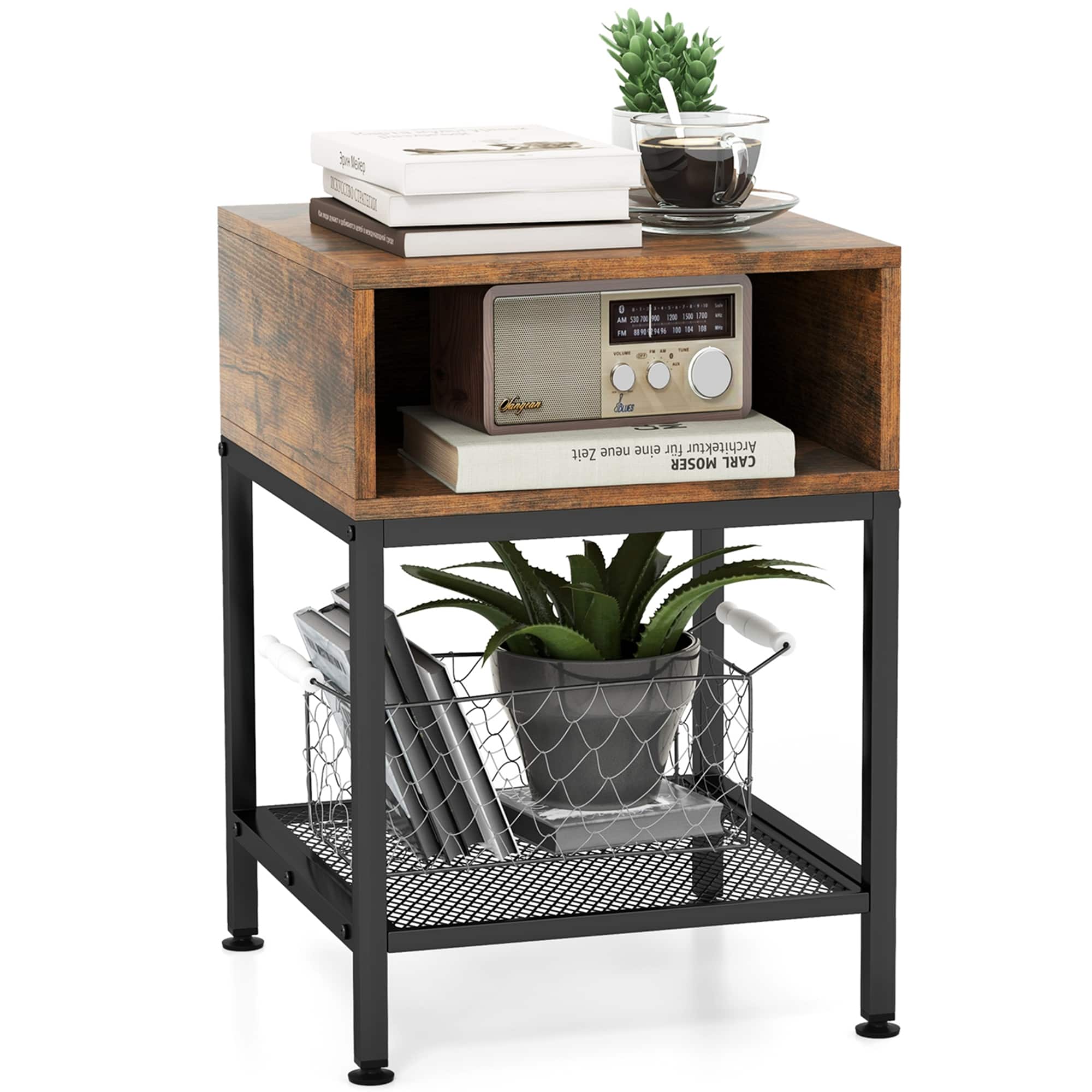 Costway - 16" 3-tier Wood Top End Table w/ Metal Frame Storage Cube & Mesh Shelf Square - Brown+Black