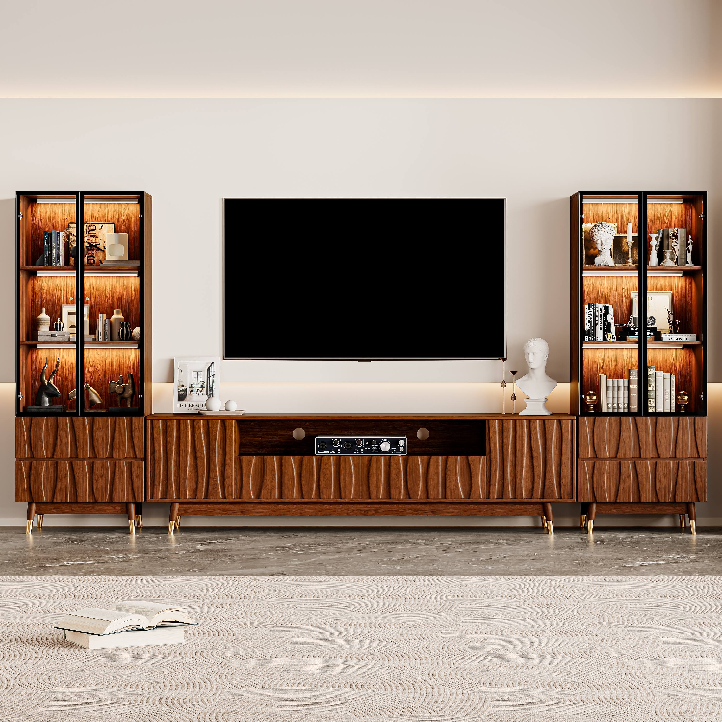 Alt View 1. MSOOB - Walnut TV Stand and 2 Glass Display Cabinet Set, Mid-century Modern Living Room Entertainment Center for TVs up to 85'' - Brown.