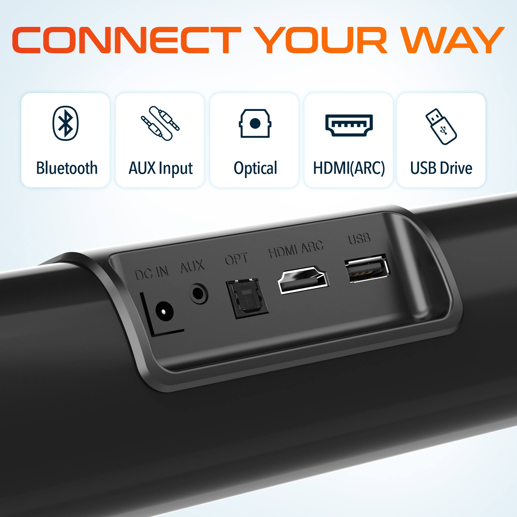 CONNECT YOUR WAY

Bluetooth  
AUX Input  
Optical  
HDMI(ARC)  
USB Drive  

DC IN AUX OPT HDMI ARC USB