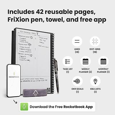 Includes 42 reusable pages, FriXion pen, towel, and free app

- LINED (18)
- DOT-GRID (18)
- TASK LIST (1)
- WEEKLY PLANNER (2)
- MONTHLY PLANNER (1)
- OKR GOALS (1)
- IDEA LISTS (1)

Download the Free Rocketbook App