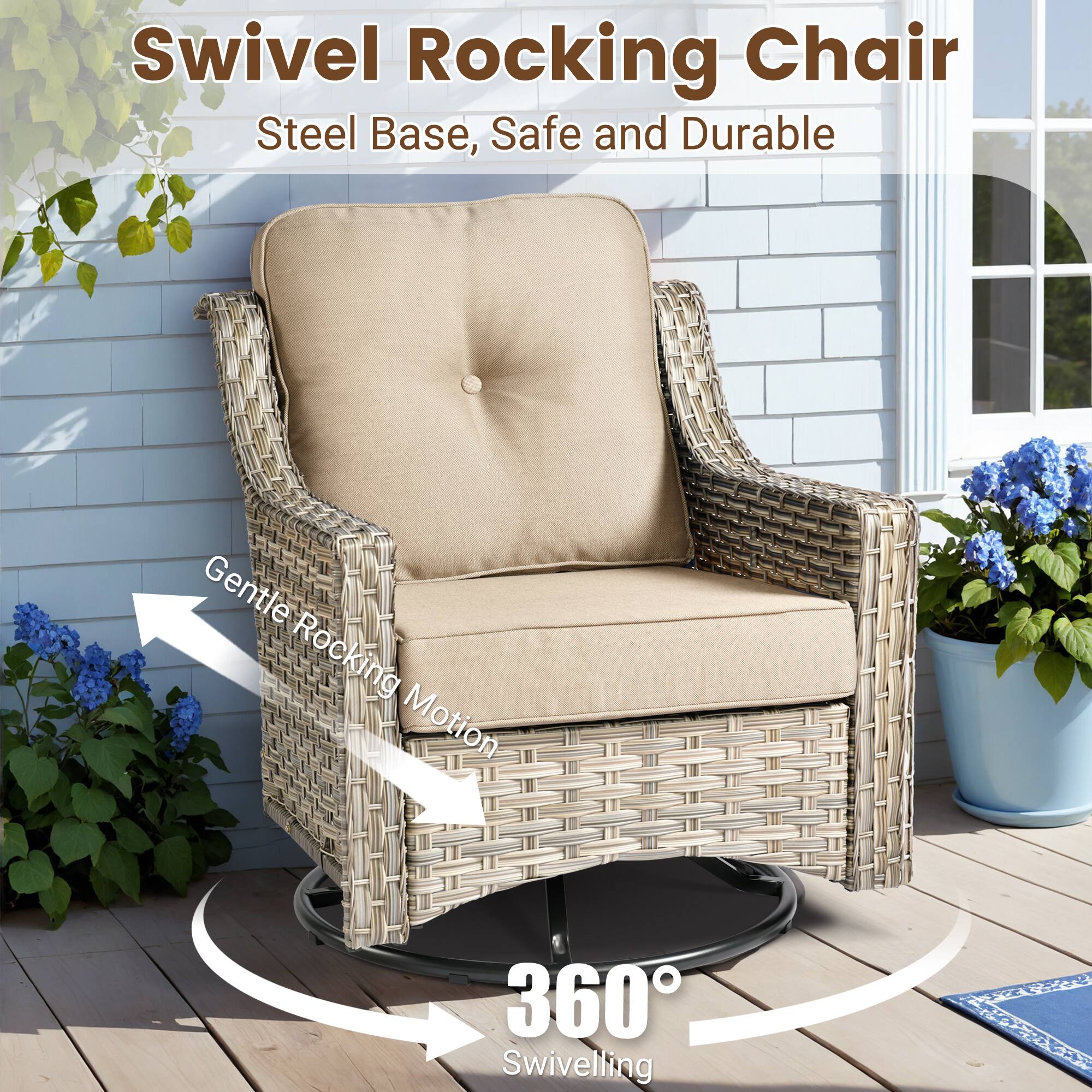 Swivel Rocking Chair  
Steel Base, Safe and Durable  

Gentle Rocking Motion  

360° Swivelling