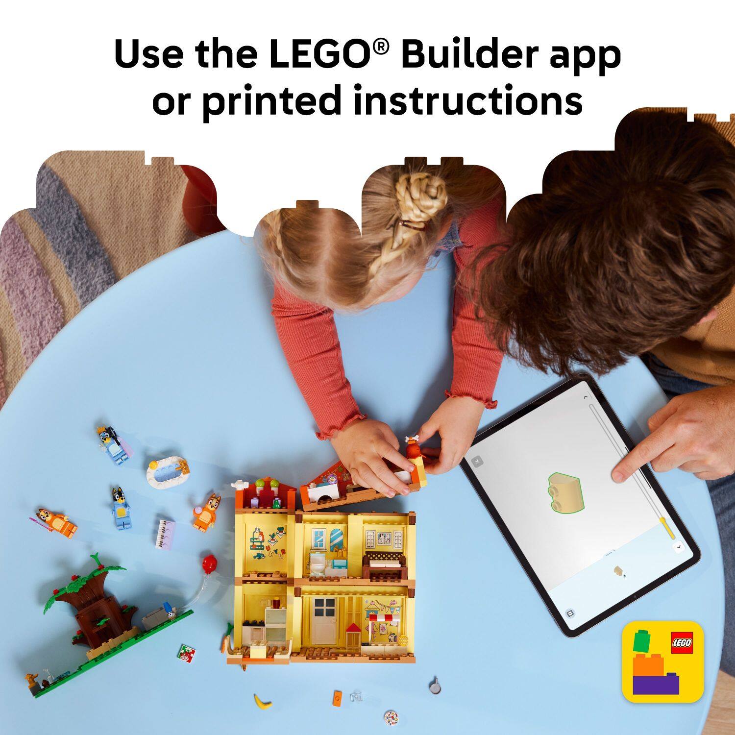 Use the LEGO® Builder app or printed instructions.