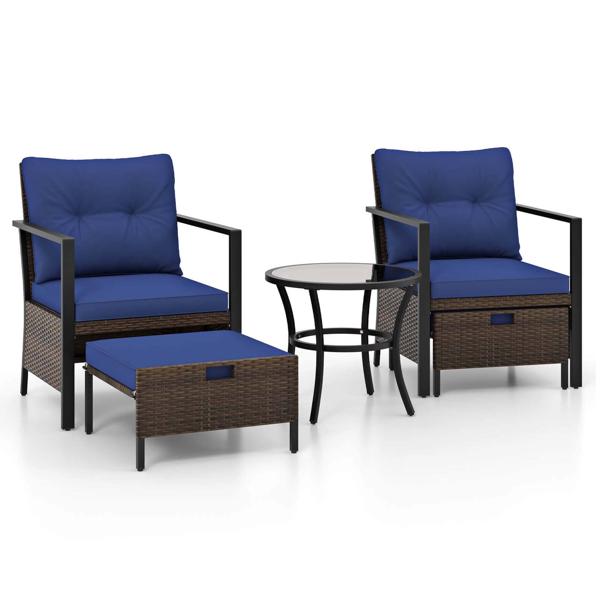 Alt View 3. Gymax - Gymax Set of 5 Furniture Set Rattan Chairs & Ottomans w/ Glass Topped Coffee Table Patio Navy - Navy.