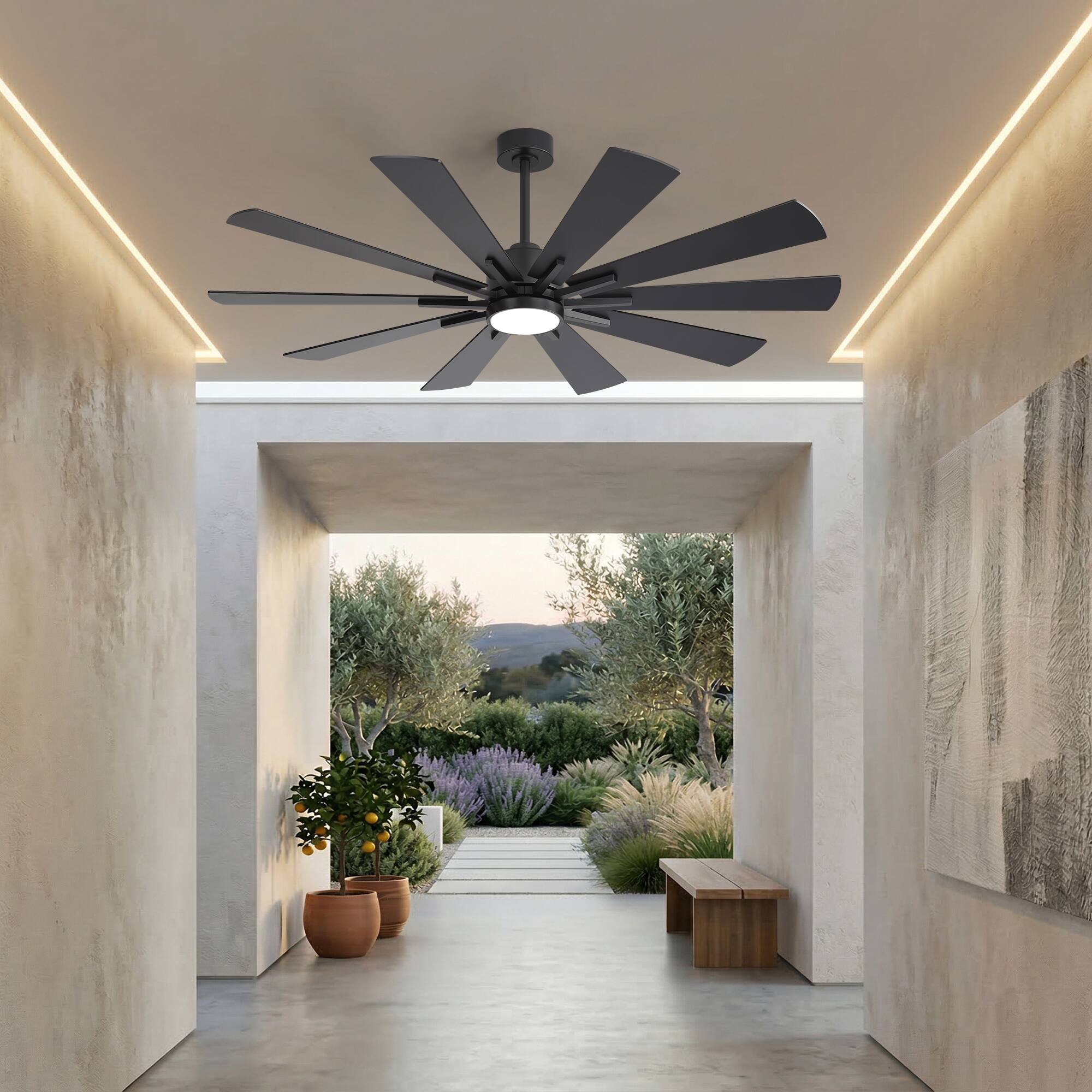 Alt View 2. Breezary - 62-Inch Modern Ceiling Fan, Dimmable LED, 10 Premium Plywood Blades, Quiet DC Motor, Remote Control, 6"/12" Downrods - 62-inch in Black and Walnut finish.