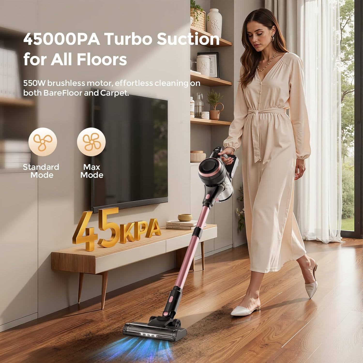 45000PA Turbo Suction for All Floors

550W brushless motor, effortless cleaning on both BareFloor and Carpet.

Standard Mode
Max Mode

45KPA