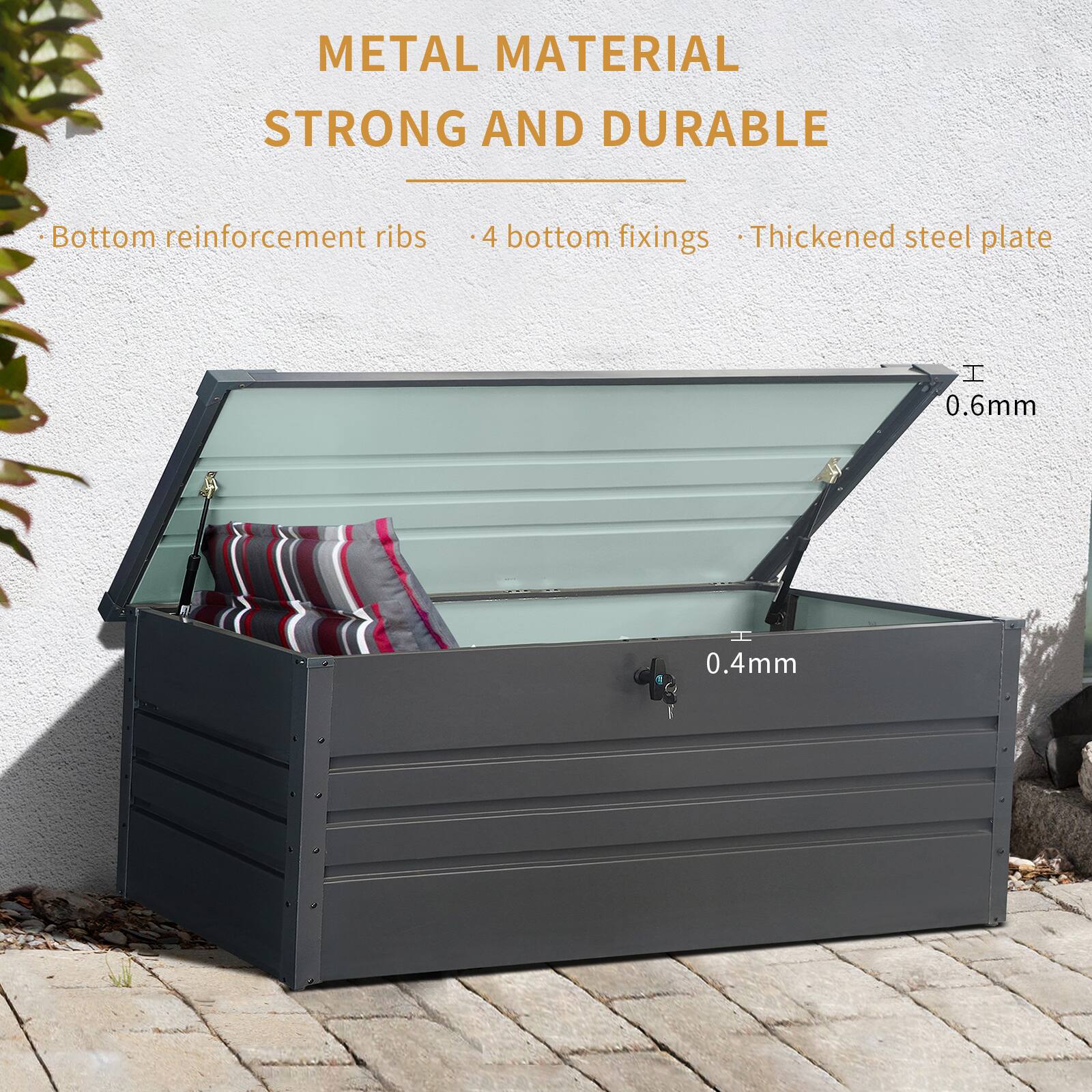 METAL MATERIAL  
STRONG AND DURABLE  

- Bottom reinforcement ribs  
- 4 bottom fixings  
- Thickened steel plate  

0.6mm  
0.4mm