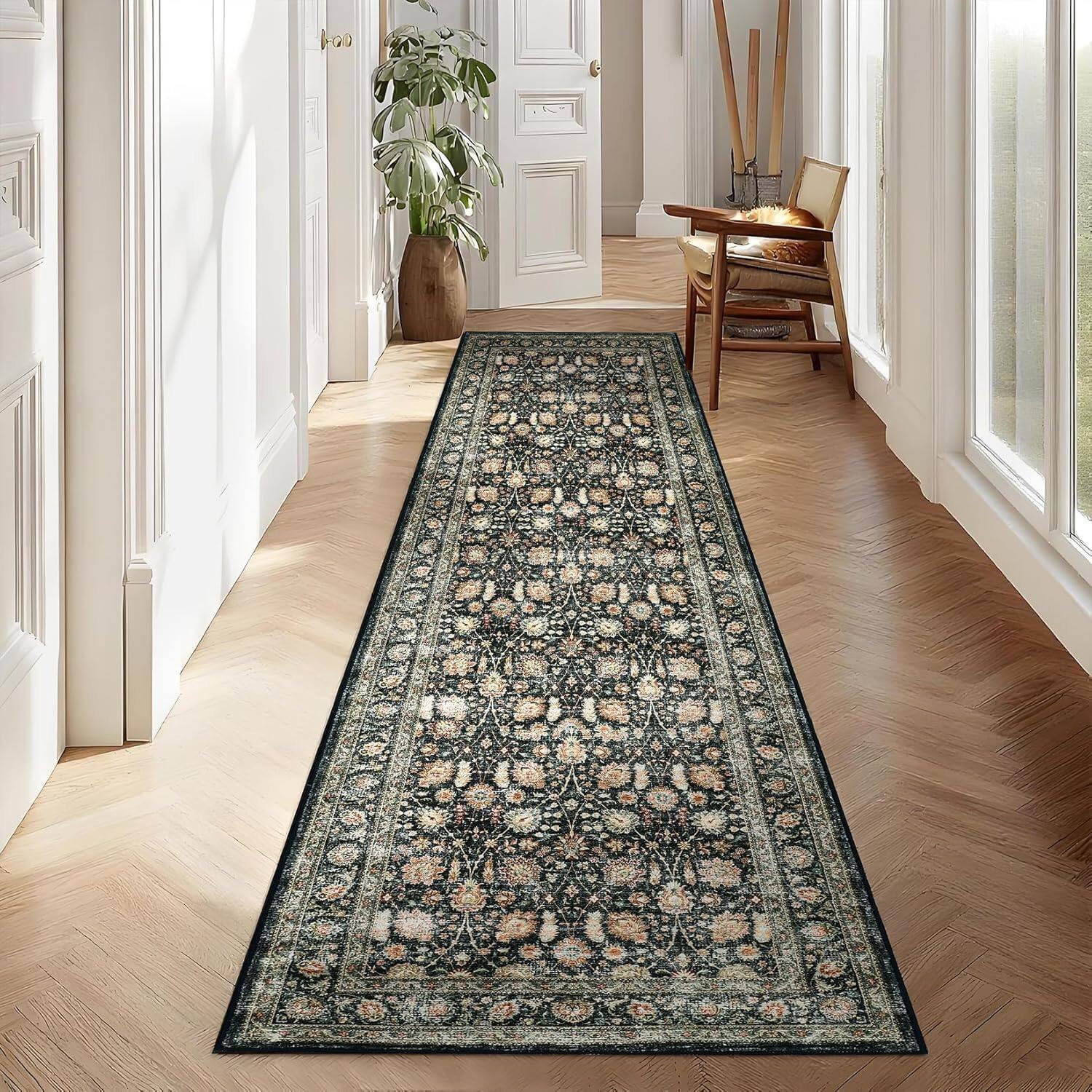 Front. Jojoka - Vintage Floral Area Rug, Machine Washable Boho Soft Low-Pile Carpet, Non-Slip Blue, Living Room Bedroom - Blue.