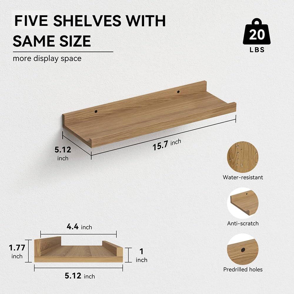 FIVE SHELVES WITH SAME SIZE  
more display space  

20 LBS  

5.12 inch  
15.7 inch  

Water-resistant  
Anti-scratch  
Predrilled holes  

4.4 inch  
1.77 inch  
1 inch  
5.12 inch