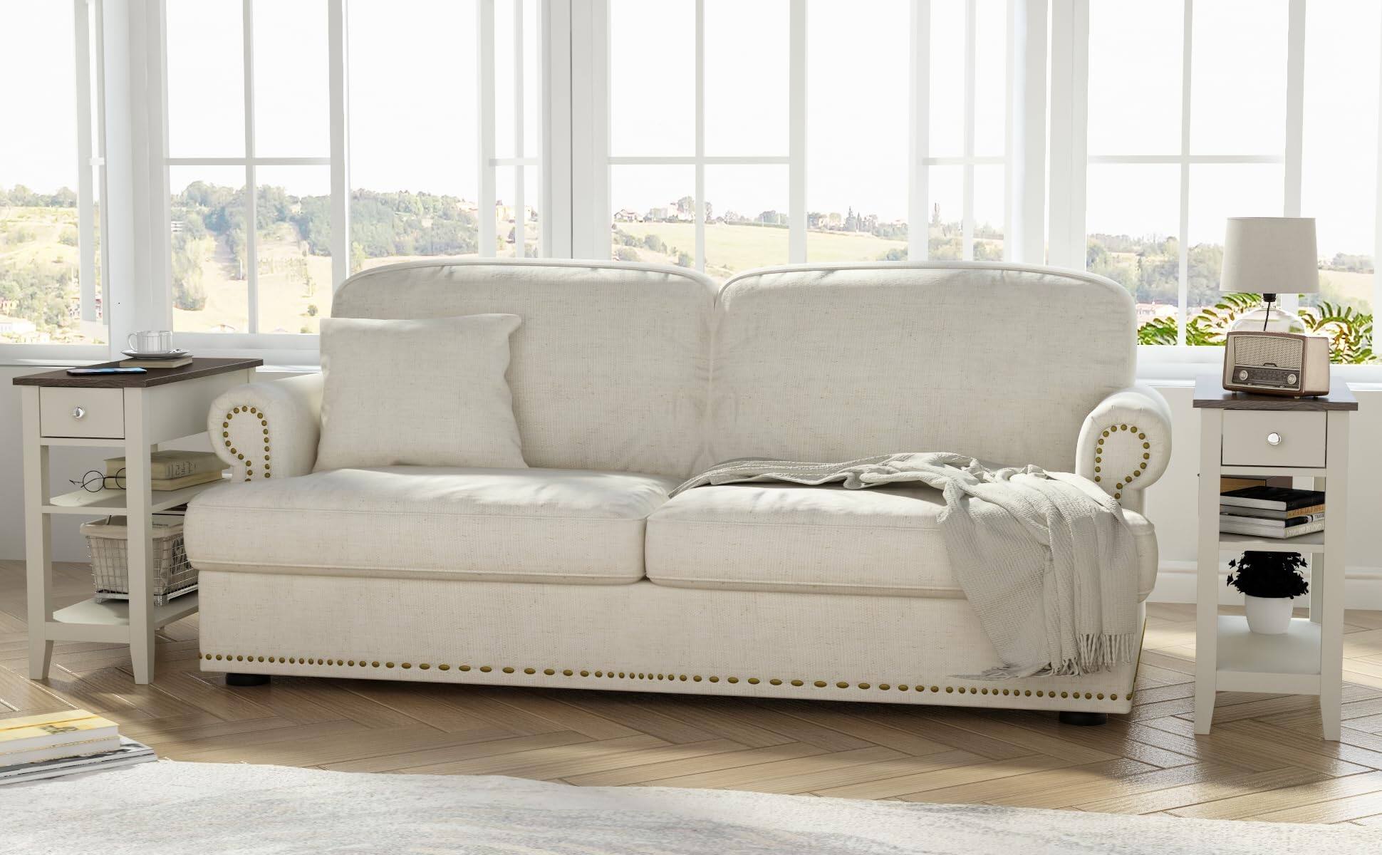 Back. JETRANSPORT - Side Table Living Room  Narrow End With Drawer And Shelf 3-tier Sofa For Small Space White Brown - Ink Black 1.