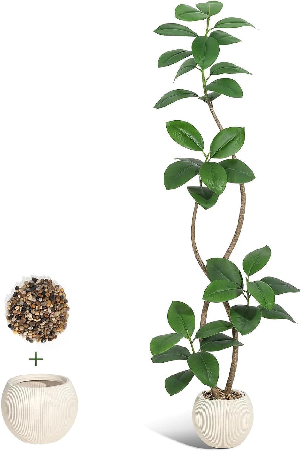 Homhougo - 6 ft Artificial Plant Rubber Tree with White Sphere Resin Planter & Stone Faux Fiddle Leaf Fig Tree Indoor Artificial - White Planter Multicolored Pebbles