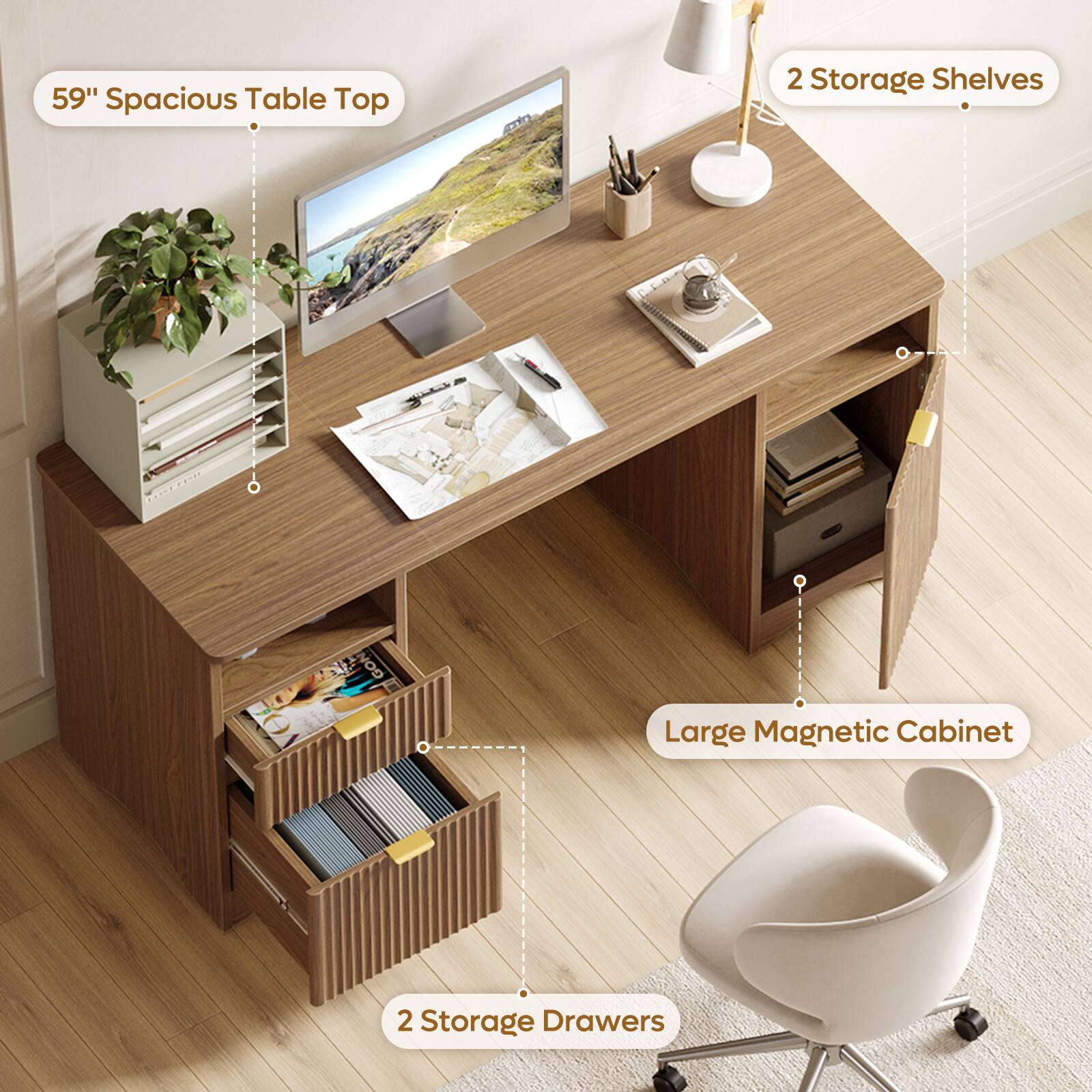 59" Spacious Table Top  
2 Storage Shelves  
Large Magnetic Cabinet  
2 Storage Drawers