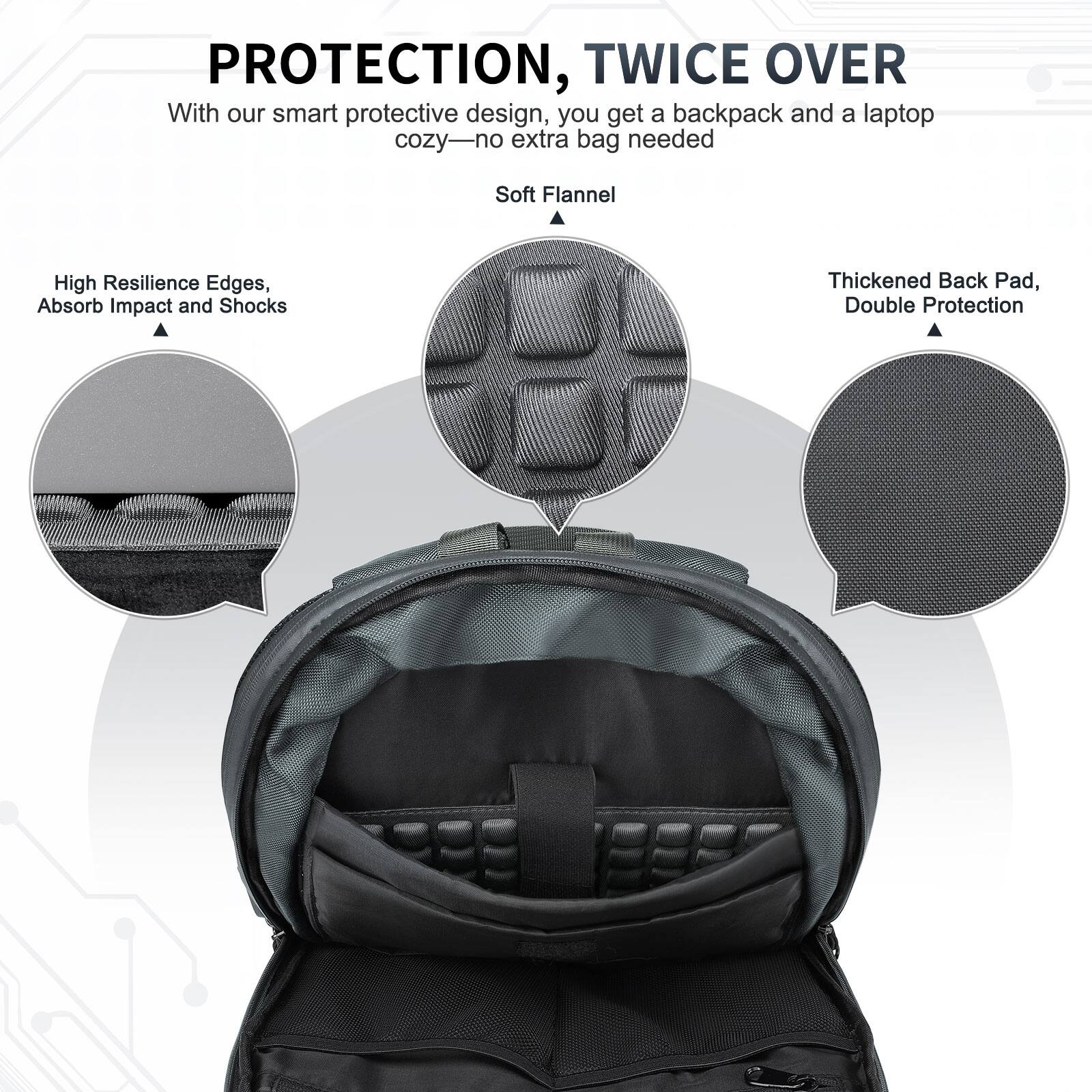 PROTECTION, TWICE OVER

With our smart protective design, you get a backpack and a laptop cozy—no extra bag needed

- Soft Flannel
- High Resilience Edges, Absorb Impact and Shocks
- Thickened Back Pad, Double Protection