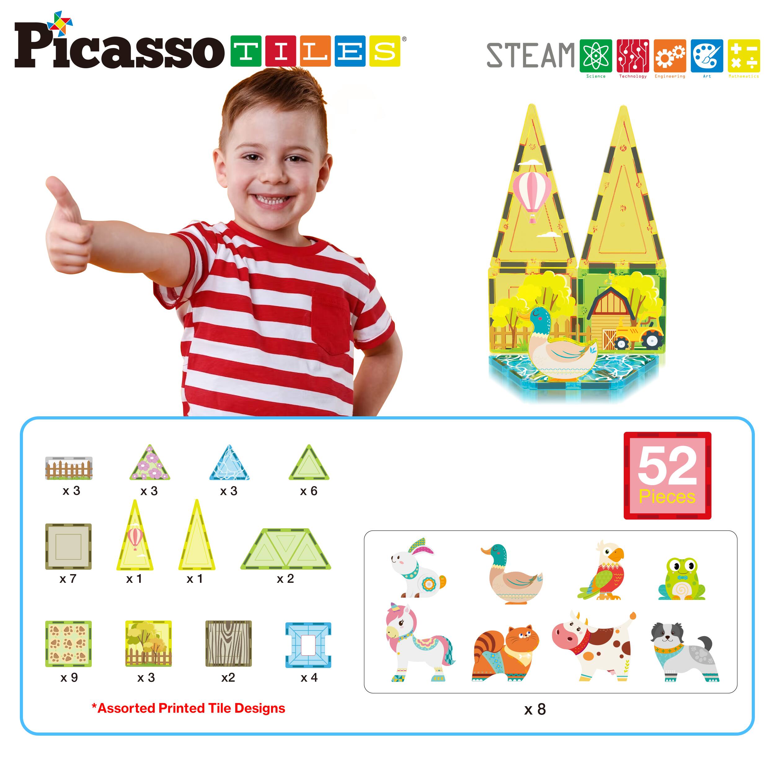 Picasso Tiles

STEAM
- Science
- Technology
- Engineering
- Art
- Math

52 Pieces

*Assorted Printed Tile Designs

- x3
- x3
- x3
- x6
- x7
- x1
- x1
- x2
- x9
- x3
- x2
- x4

x8