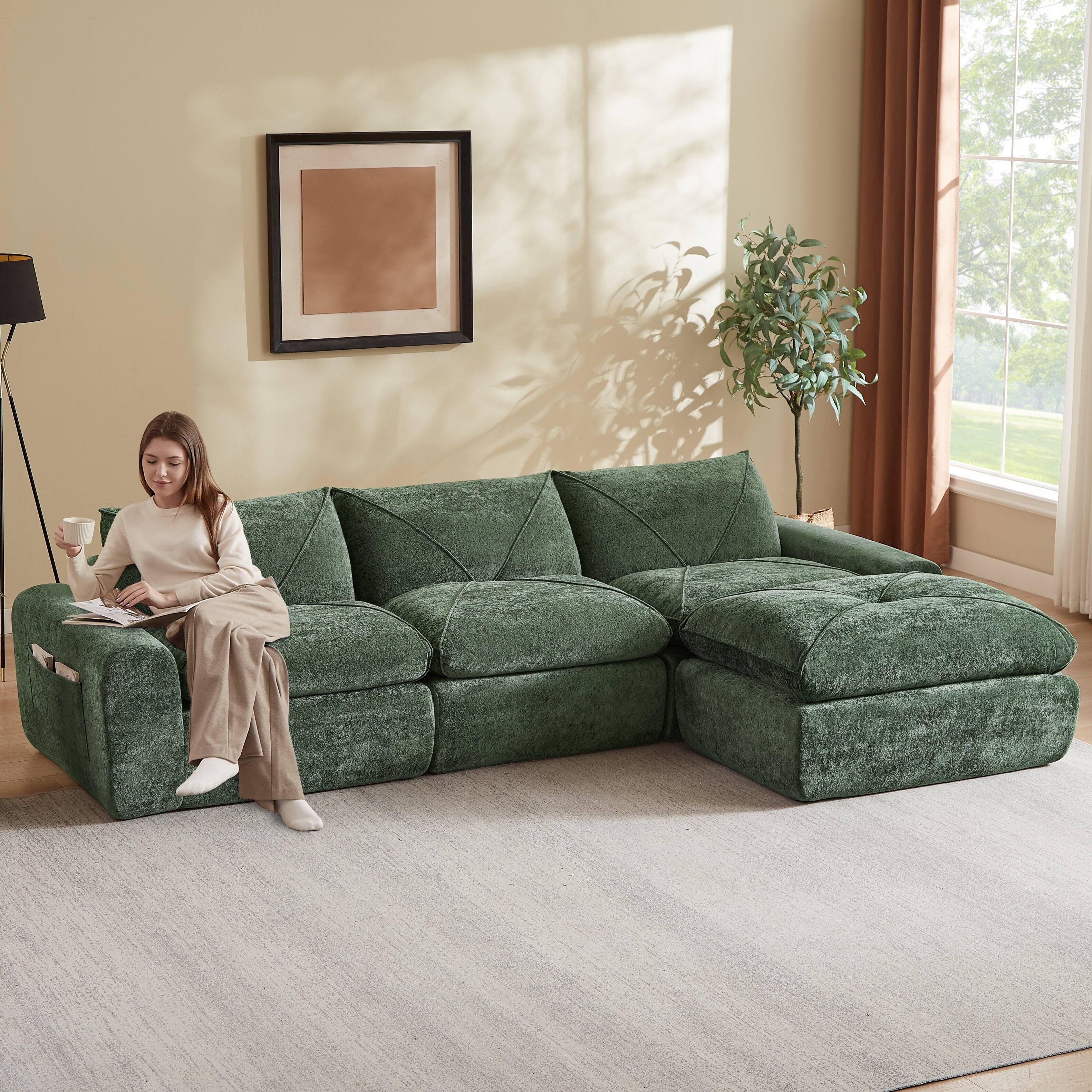 Back. Loheer - Loheer Chenille Sectional Sofa with Ottoman Modern Minimalist Couch Spacious Living Room Furniture - Green.