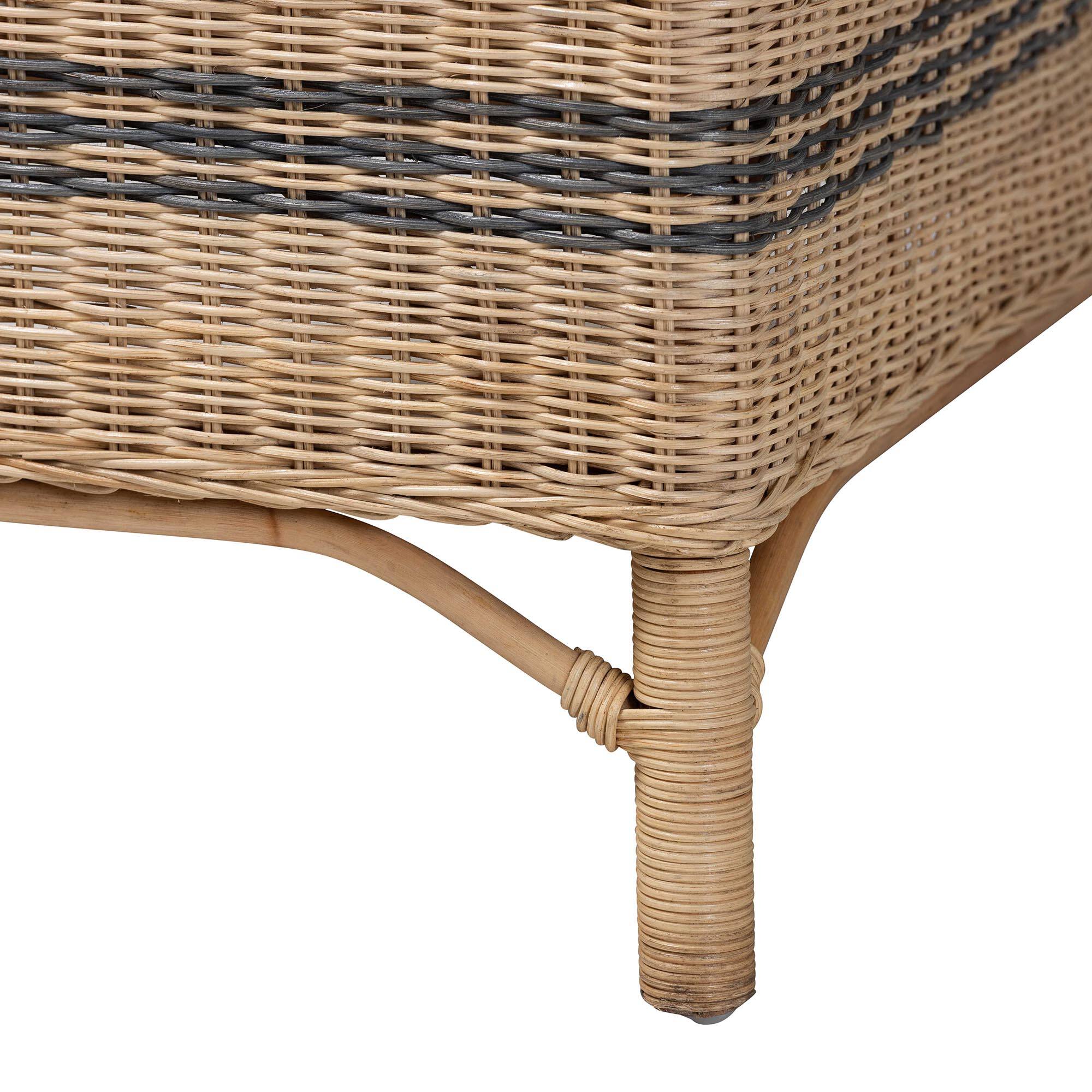Alt View 2. bali & pari - Elda Natural Rattan Accent Chair - Wicker Barrel-Back Chair with Woven Stripes and Cushion, Coastal Boho Style - Natural Brown/Blue.