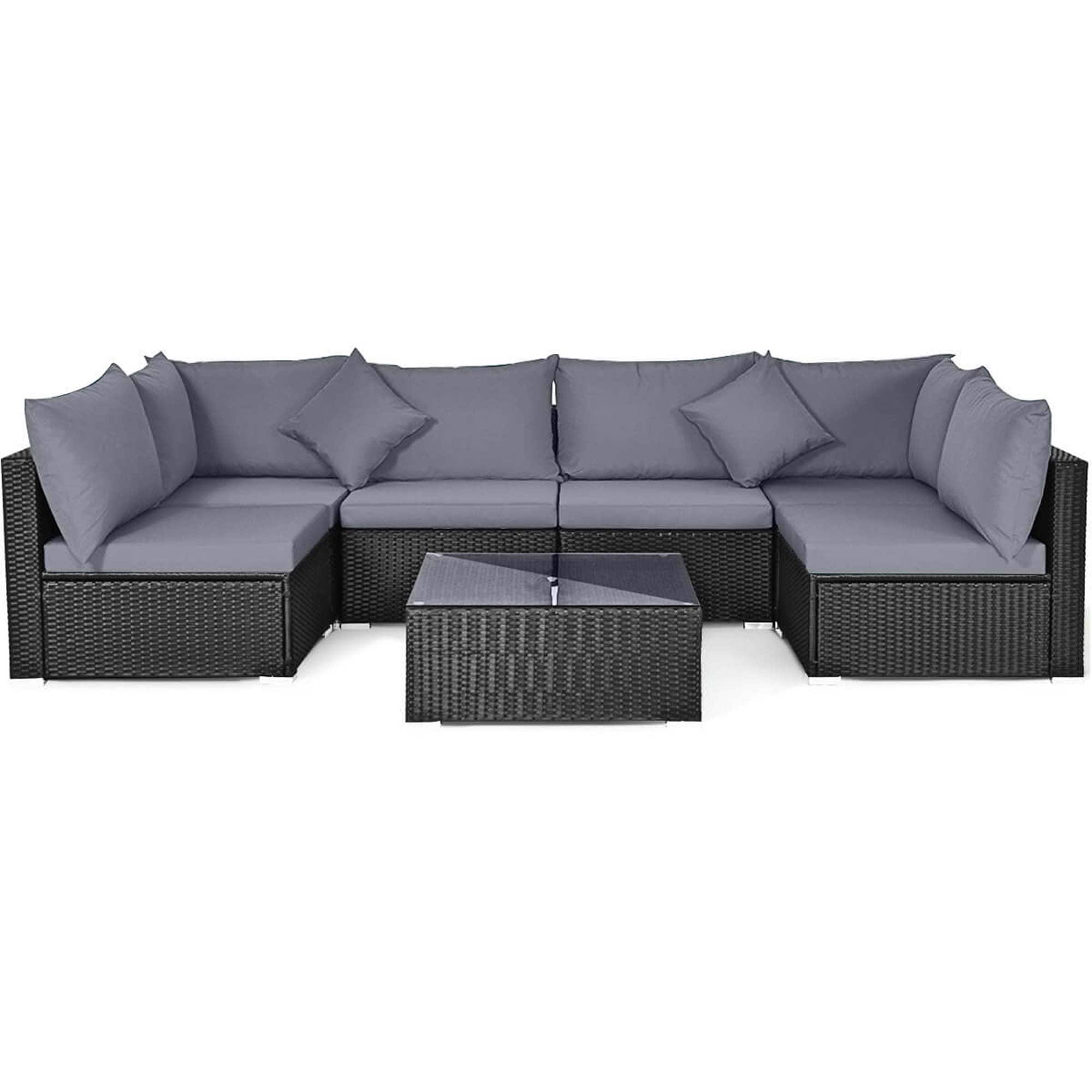 Front. Costway - 7 PCS Patio Rattan Sofa Set Sectional Conversation Furniture Set Garden Outdoor - Gray +Black.