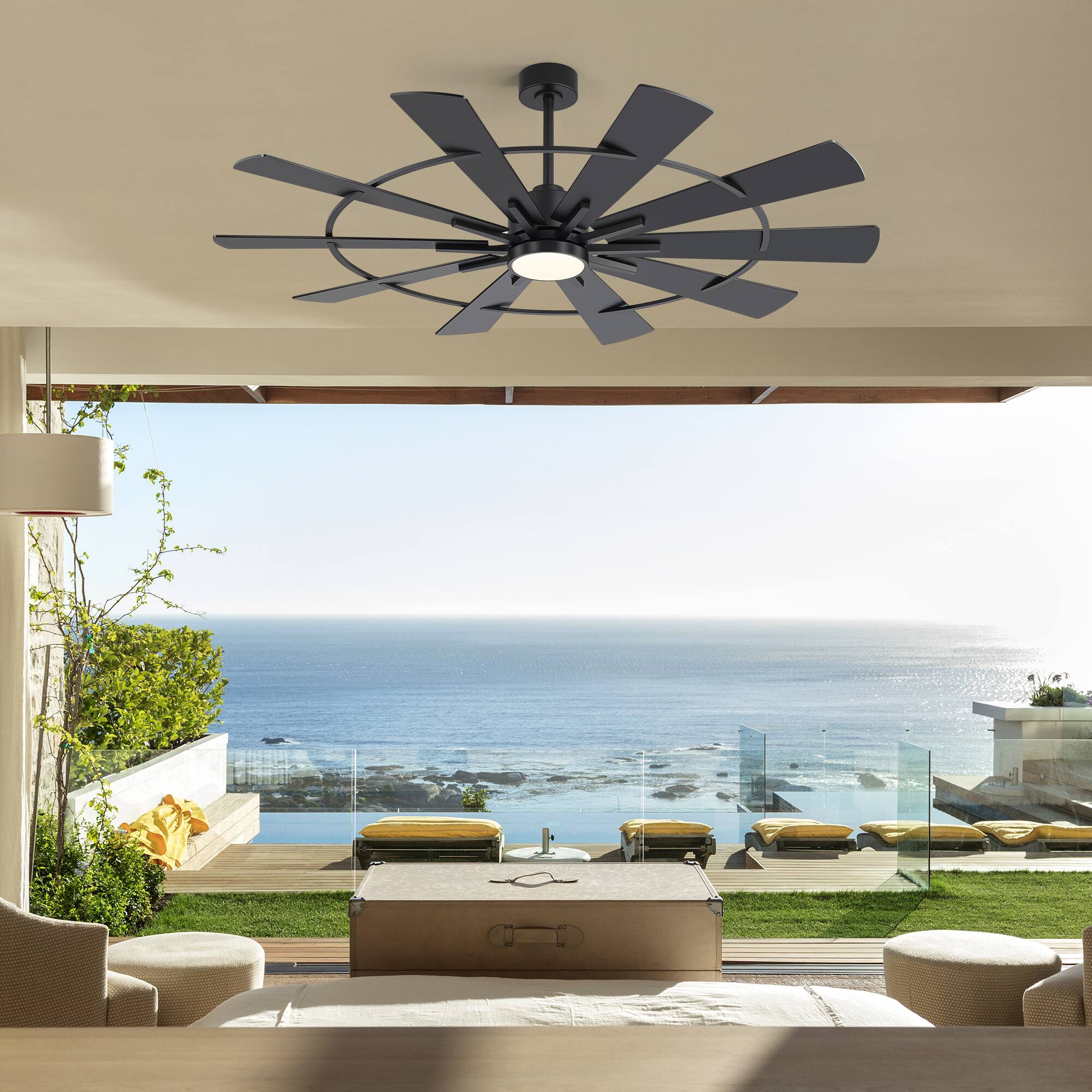 Alt View 5. Breezary - 62-In LED Ceiling Fan with Light, 10 Plywood Blades, 6-Speed DC Motor, Remote, Dimmable 3CCT, 6/12-In Downrods - 62-Inch Black.