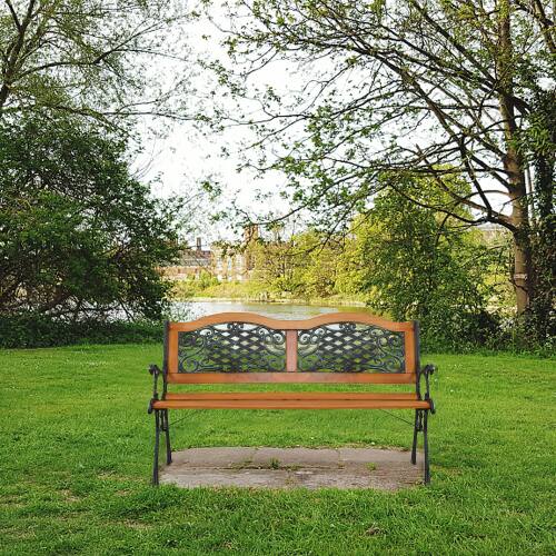 Alt View 4. Winado - 49in Classic Cast Iron Bench, Teak Arched Back Rectangular Outdoor 3-Seater Easy Assembly Weather Resistant for Garden - Teak.