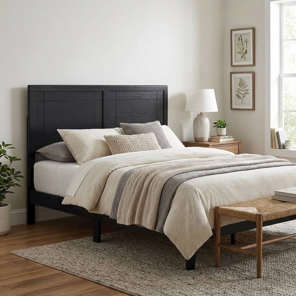 Left. FurniFact - Wood Full Headboard with Classic Design and Durable Construction for Bed - Black.