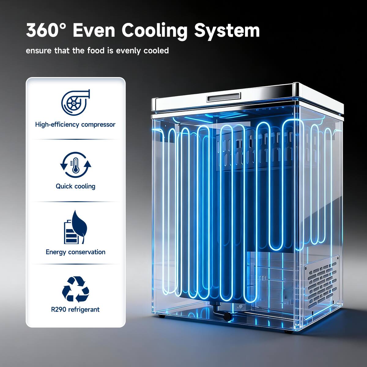 360° Even Cooling System  
ensure that the food is evenly cooled  

- High-efficiency compressor  
- Quick cooling  
- Energy conservation  
- R290 refrigerant