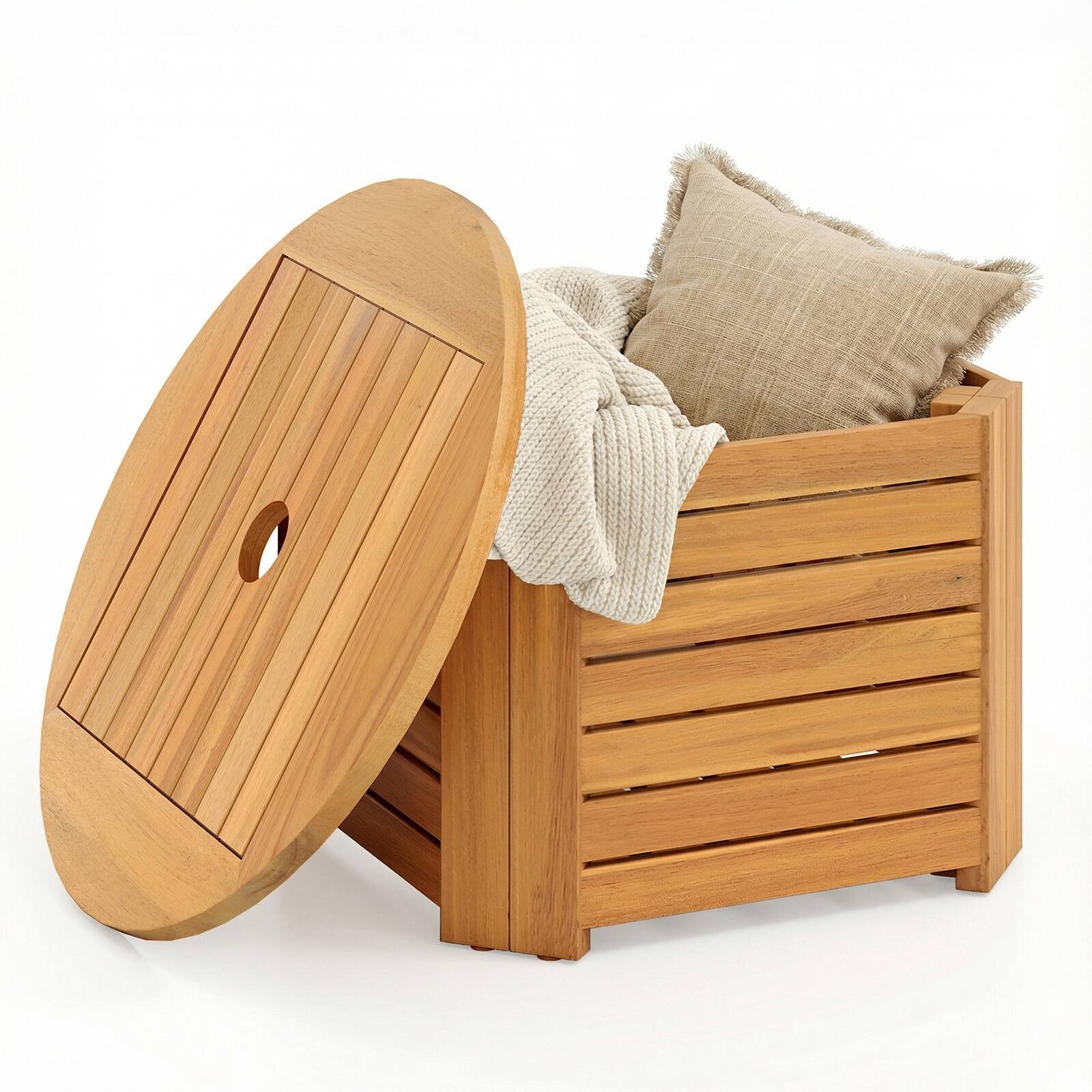 Front. Gymax - Gymax 2-in-1 Outdoor Side Table w/Storage Umbrella Hole & Removable Base for Backyard - Natural.