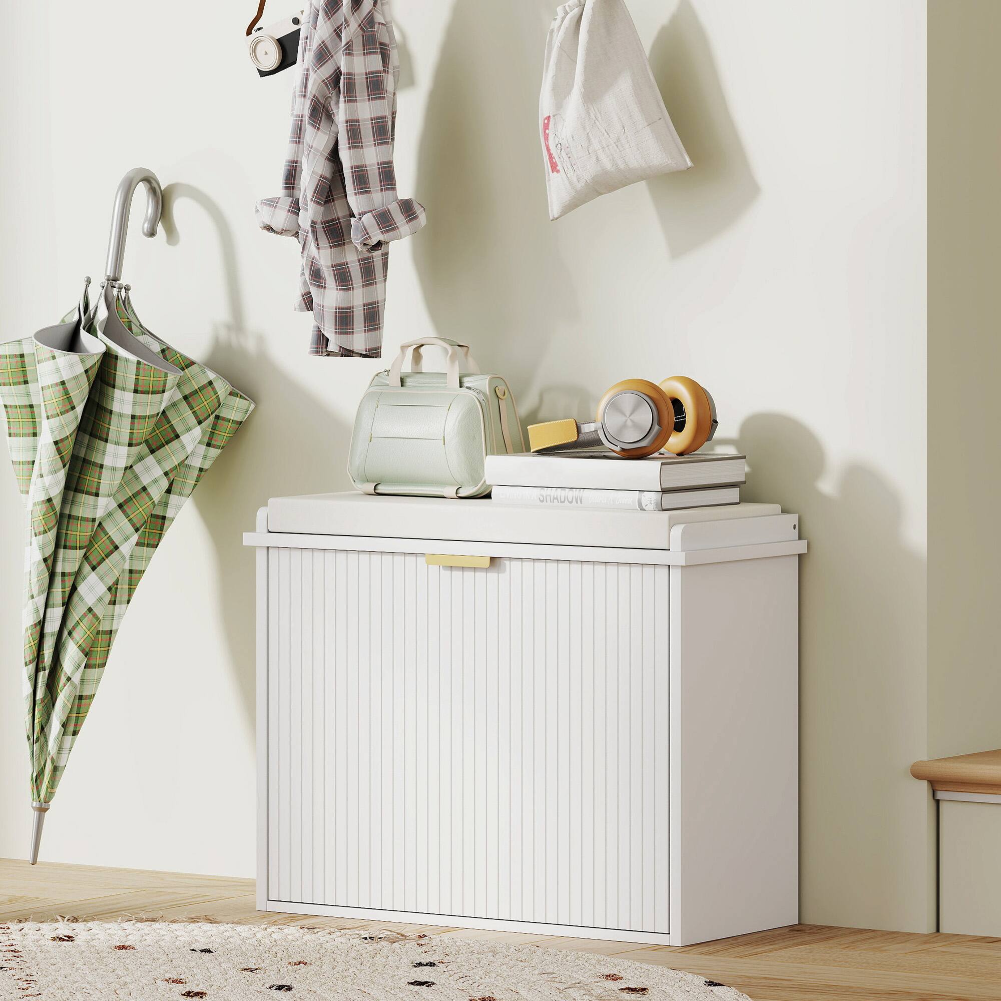 Alt View 1. Homcom - Narrow Shoe Bench with Padded Cushion, Shoe Cabinet with Flip-Drawer and Adjustable Shelf, Small Entryway Bench - White.