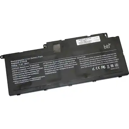 Rechargeable Li-Ion Battery Pack
Replace: F7HVR
Rating: 14.8V 58Wh
8.8V 60C
ATTENTION: Ne pas exposer à des températures supérieures à 60°C, en faire usage sous peine de mauvais fonctionnement ou d'explosion.
ACHTUNG: Batterie nicht bei Temperaturen über 60°C aussetzen, Batterie nicht misshandeln.
CAUTION: Do not expose to temperatures above 60°C, or risk of malfunction or explosion.
Do not dispose of fire, keep the battery away from fire but keep the battery away from (short circuit) the positive (+) and negative (-) terminals.
Do not directly connect the positive (+) and negative (-) terminals.
Do not attempt to disassemble or recharge this battery pack.
Do not use battery pack.
Do not expose to high temperatures.
Do not use battery pack in a fire.
Do not use battery pack in a short circuit.
Do not use battery pack in a high temperature environment.
Do not use battery pack in a high humidity environment.
Do not use battery pack in a high vibration