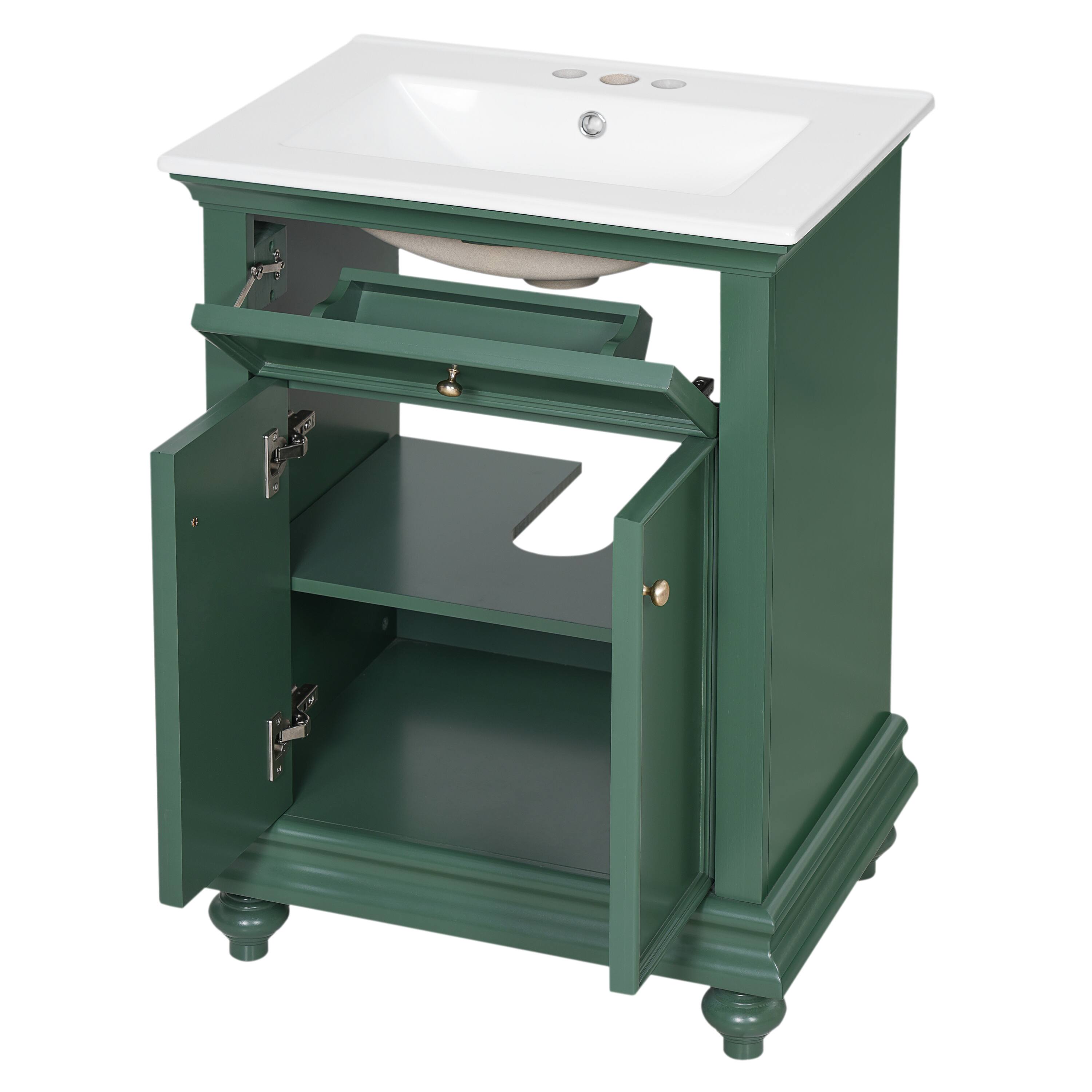Alt View 1. Whisen - 24" Modern Bathroom Vanity Cabinet with Sink Tip-Out Soft-Close Hinges Back Open Ball-Turned Legs - Green.