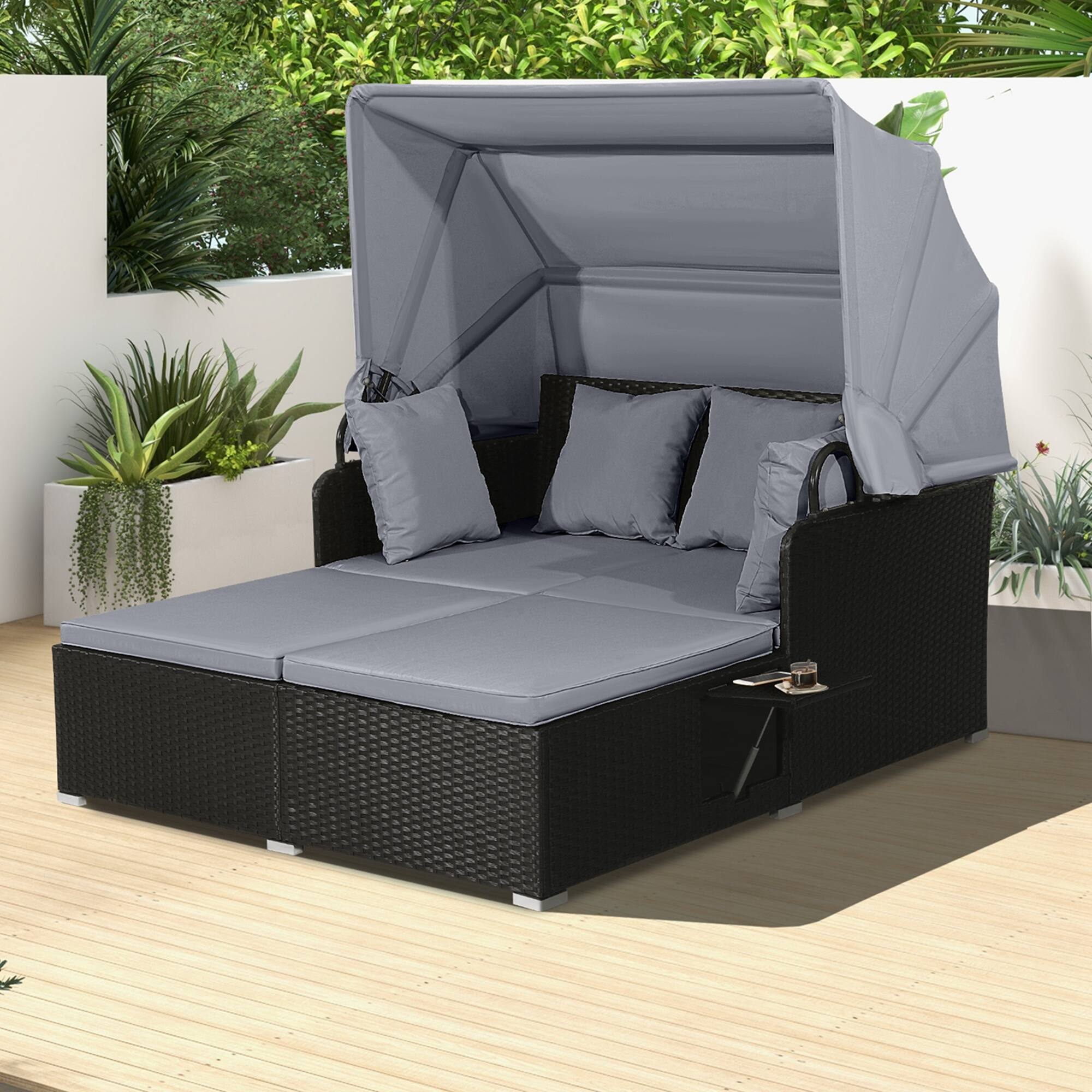 Alt View 3. Costway - Patio Rattan Daybed Lounge Retractable Top Canopy Side Tables Cushions - Grey.