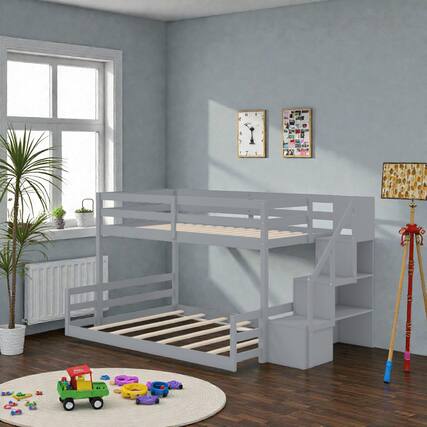 Front. Hivvago - Twin Over Full Low Bunk Bed with Storage Steps with Solid Wood Construction - Gray.