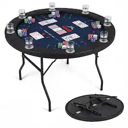 Gymax - 48'' Poker Table Foldable w/Metal Legs 8 Cup Holders Padded Edges for Blackjack Blue - Blue & Black