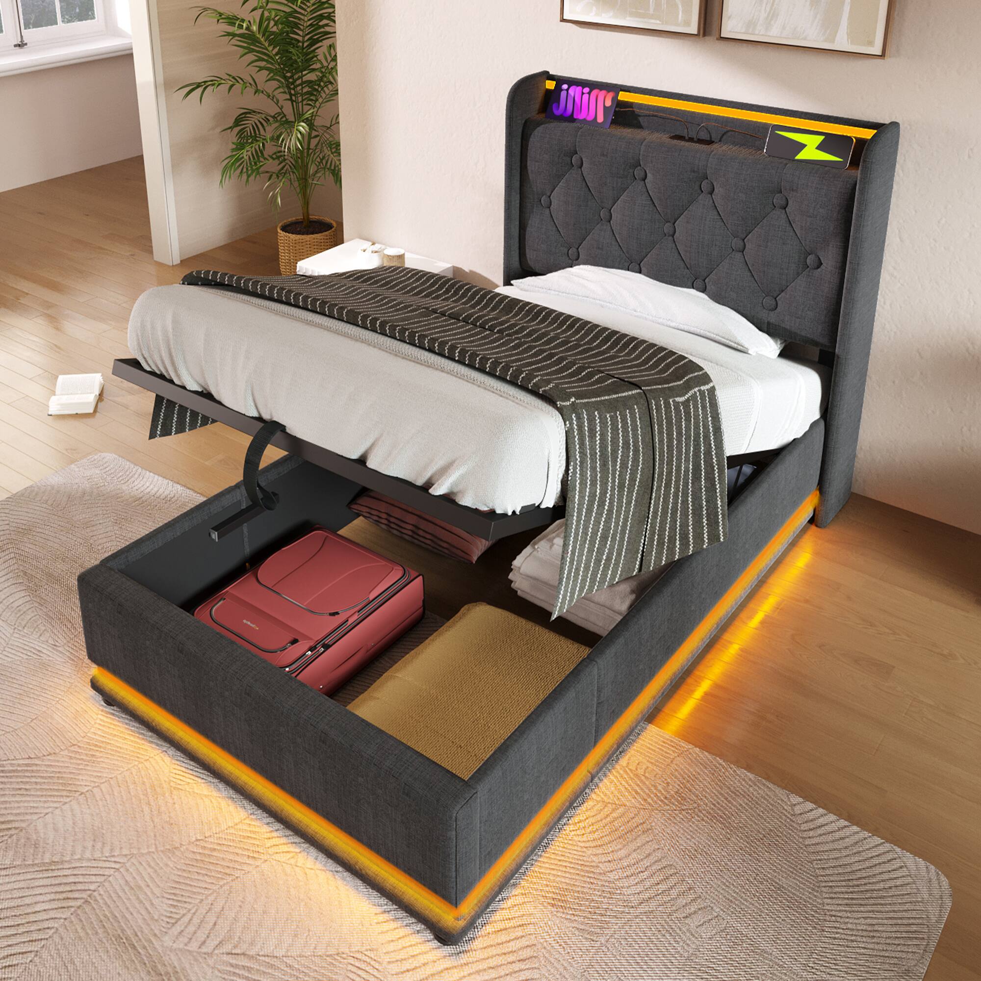 Alt View 6. Spaco - Spaco Twin Storage Bed with Hydraulic Lift, 360 LED Lighting, USB C Charging, Remote Control for Bedroom - Gray.