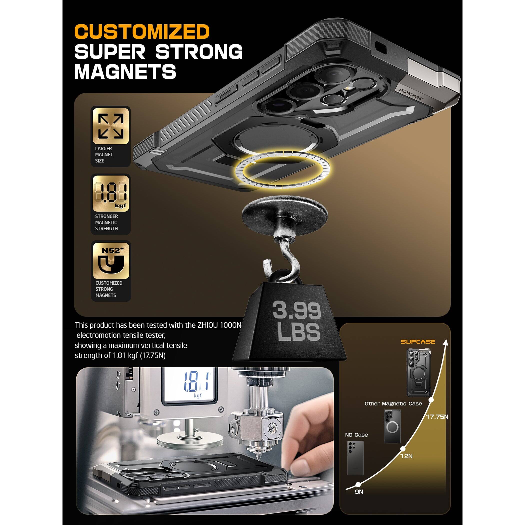 CUSTOMIZED SUPER STRONG MAGNETS

- LARGER MAGNET SIZE
- 1.81 kgf
- STRONGER MAGNET STRENGTH
- N52
- CUSTOMIZED STRONG MAGNETS

This product has been tested with the ZHIQU 1000N electromotion tensile tester, showing a maximum vertical tensile strength of 1.81 kgf (17.75N)

3.99 LBS

SUPCASE

Other Magnetic Case
17.75N

NO Case
12N

9N