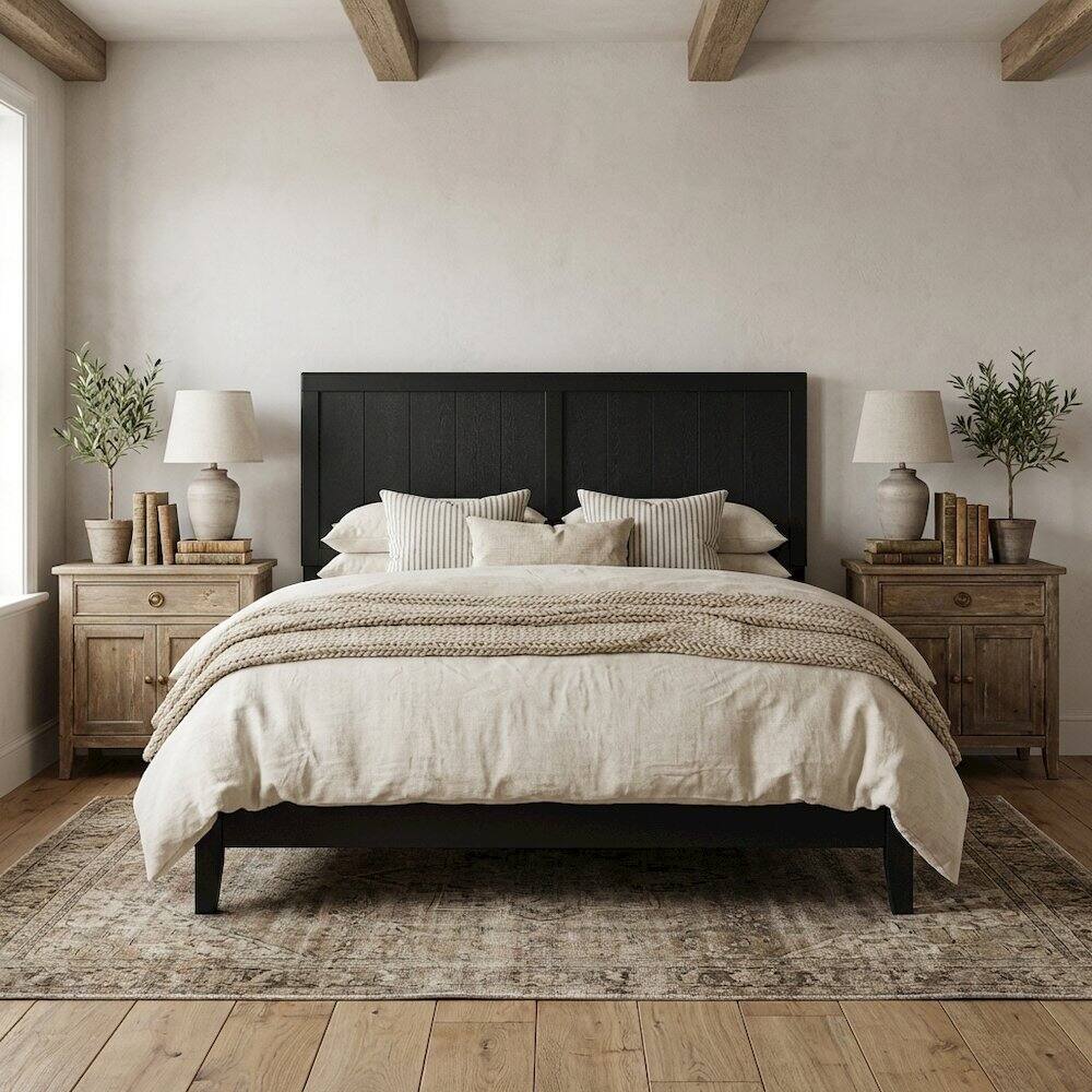 Angle. FurniFact - Wood Full Headboard with Classic Design and Durable Construction for Beds - Black.